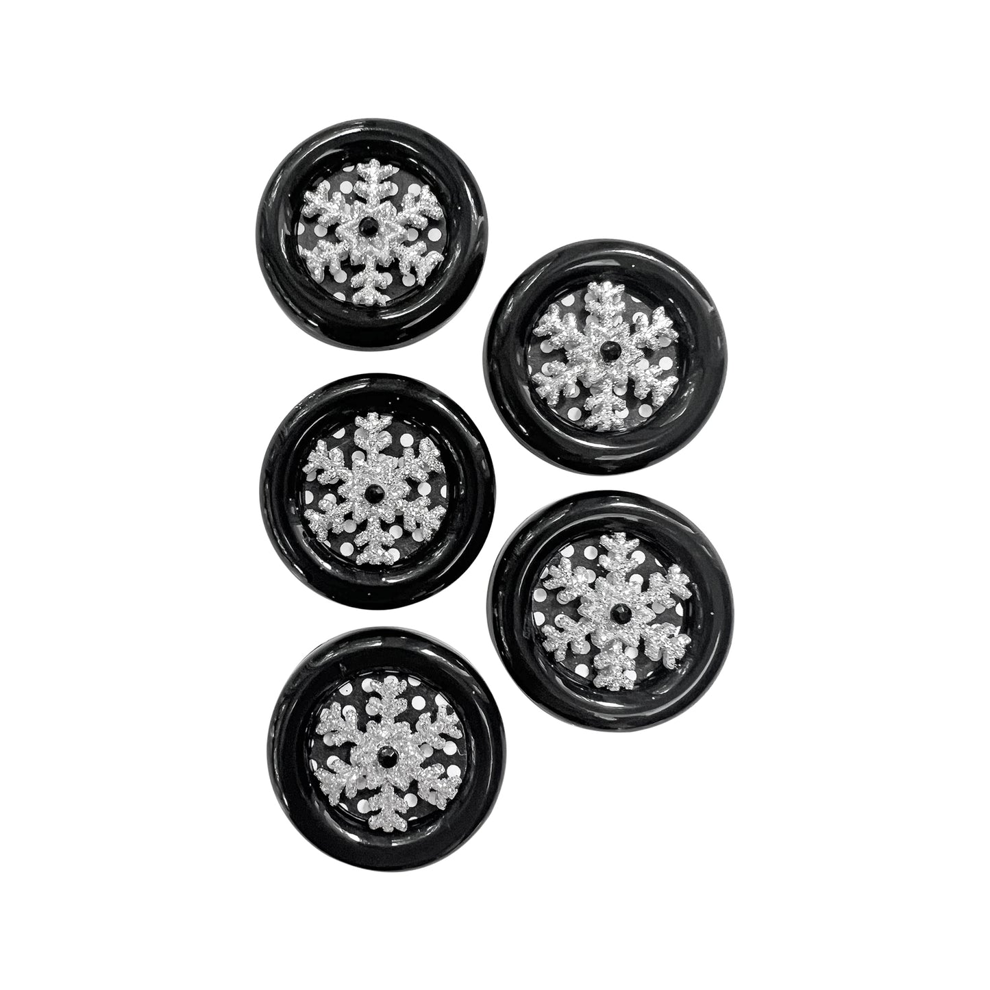 Glass Wrappings' set of 5 black and silver snowflake embellishments.