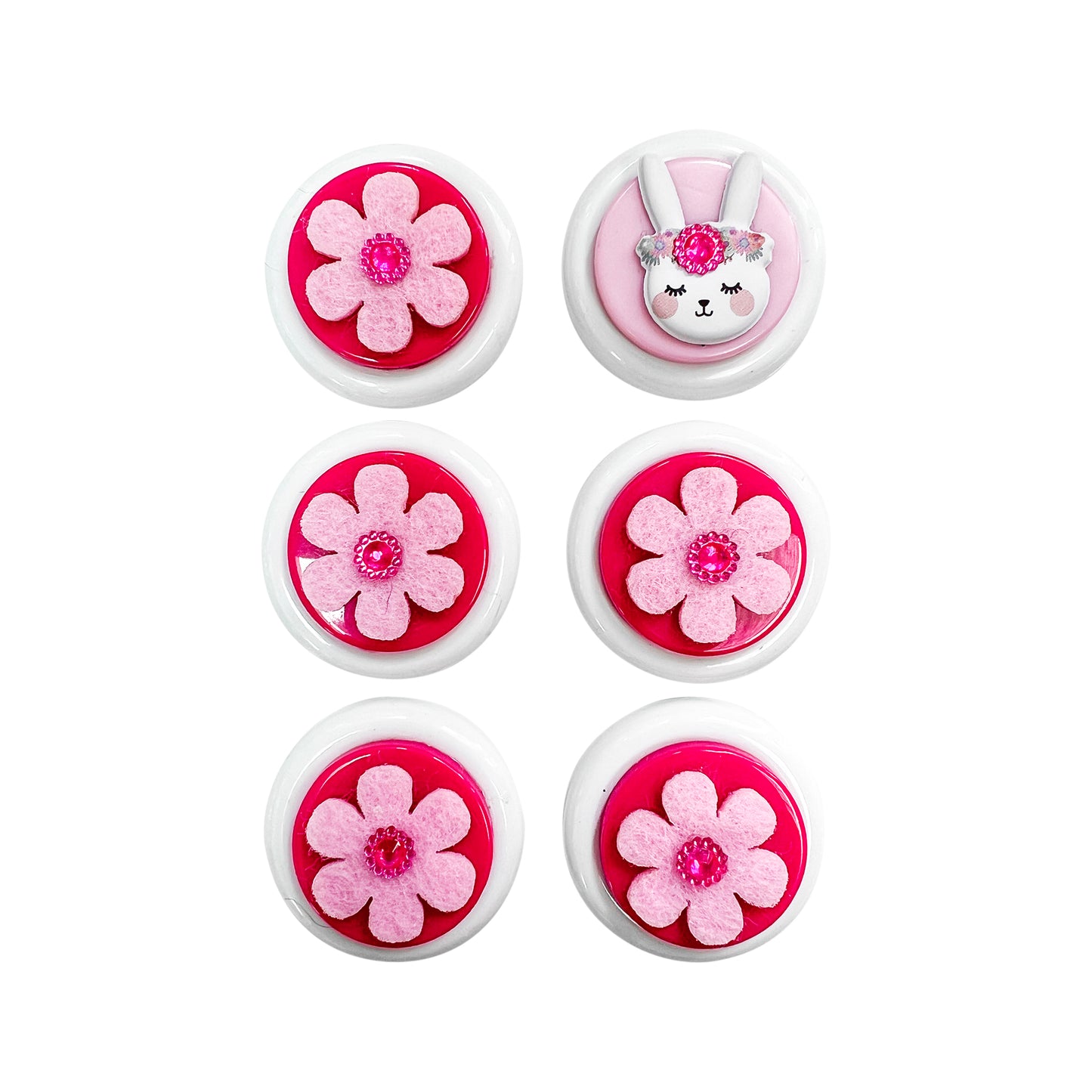 Glass Wrappings' set of 6 pink button embellishments. 4 are topped with pink felt flowers, and 1 with an adorable "angelic" bunny.
