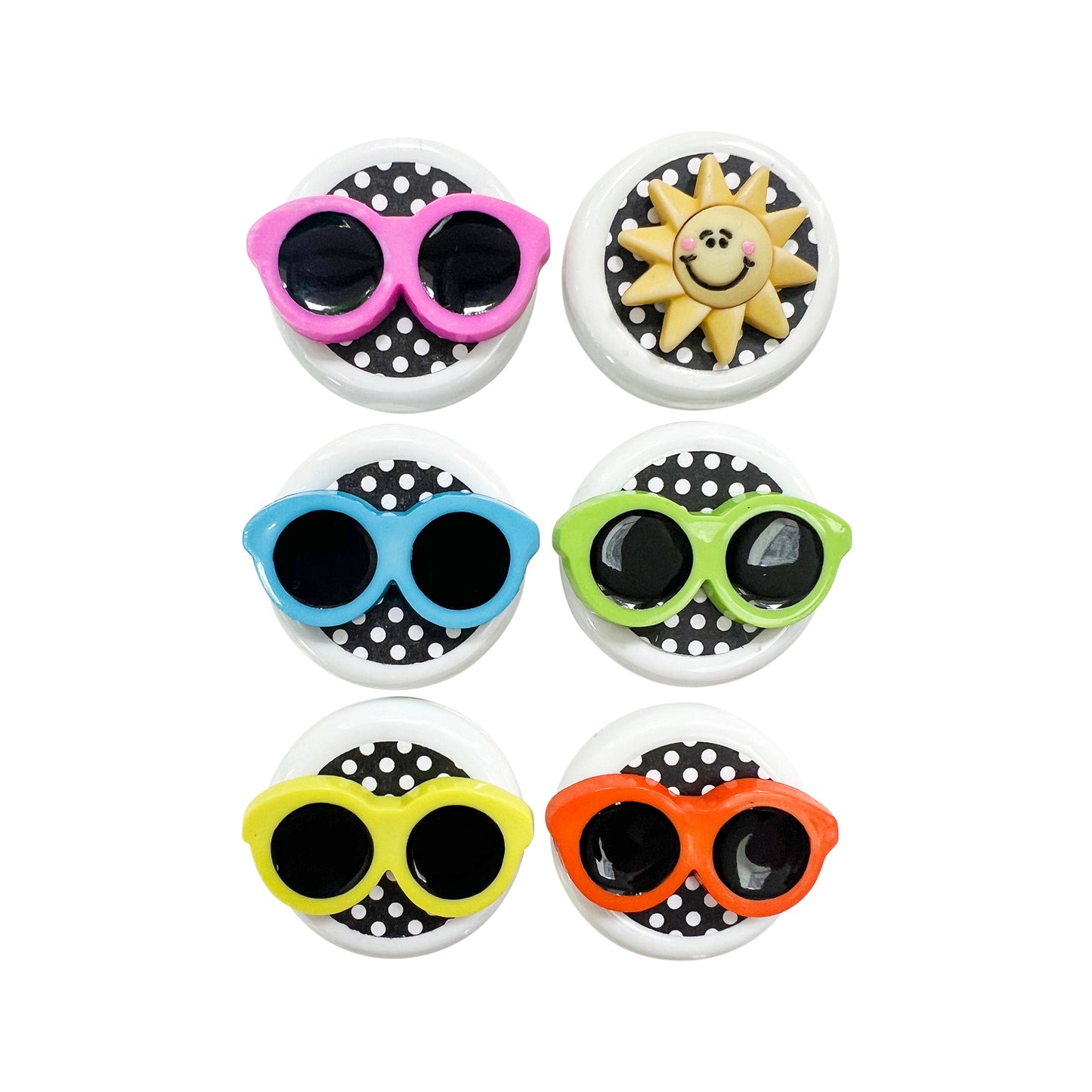 Glass Wrappings' set of 7 white button embellishments, 6 topped with multi-colored glitter sunglasses, and 1 adorable sun.