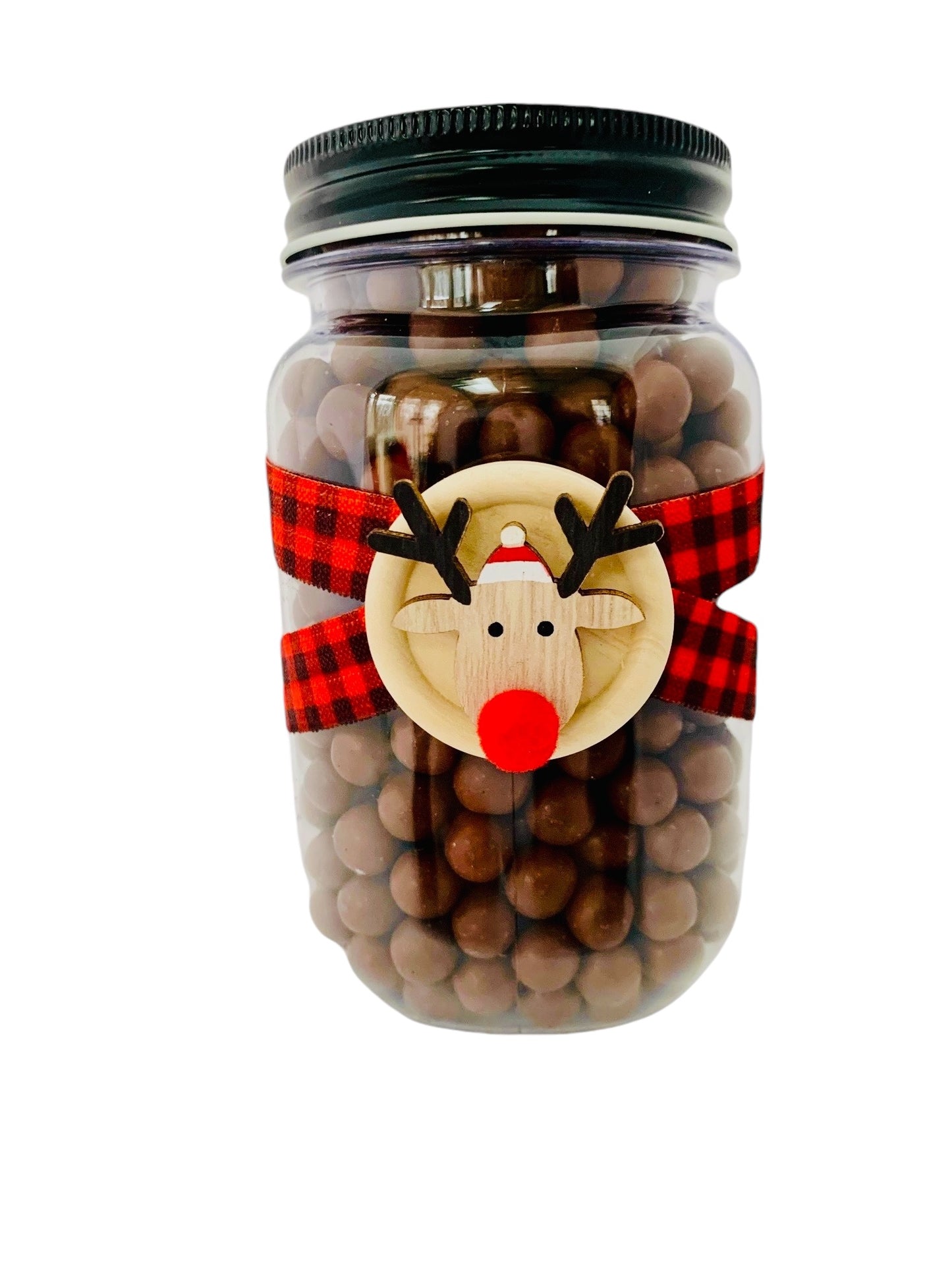 A plastic jar filled with candy, adorned with a red and black buffalo plaid ribbon and a wooden Rudolph reindeer embellishment.