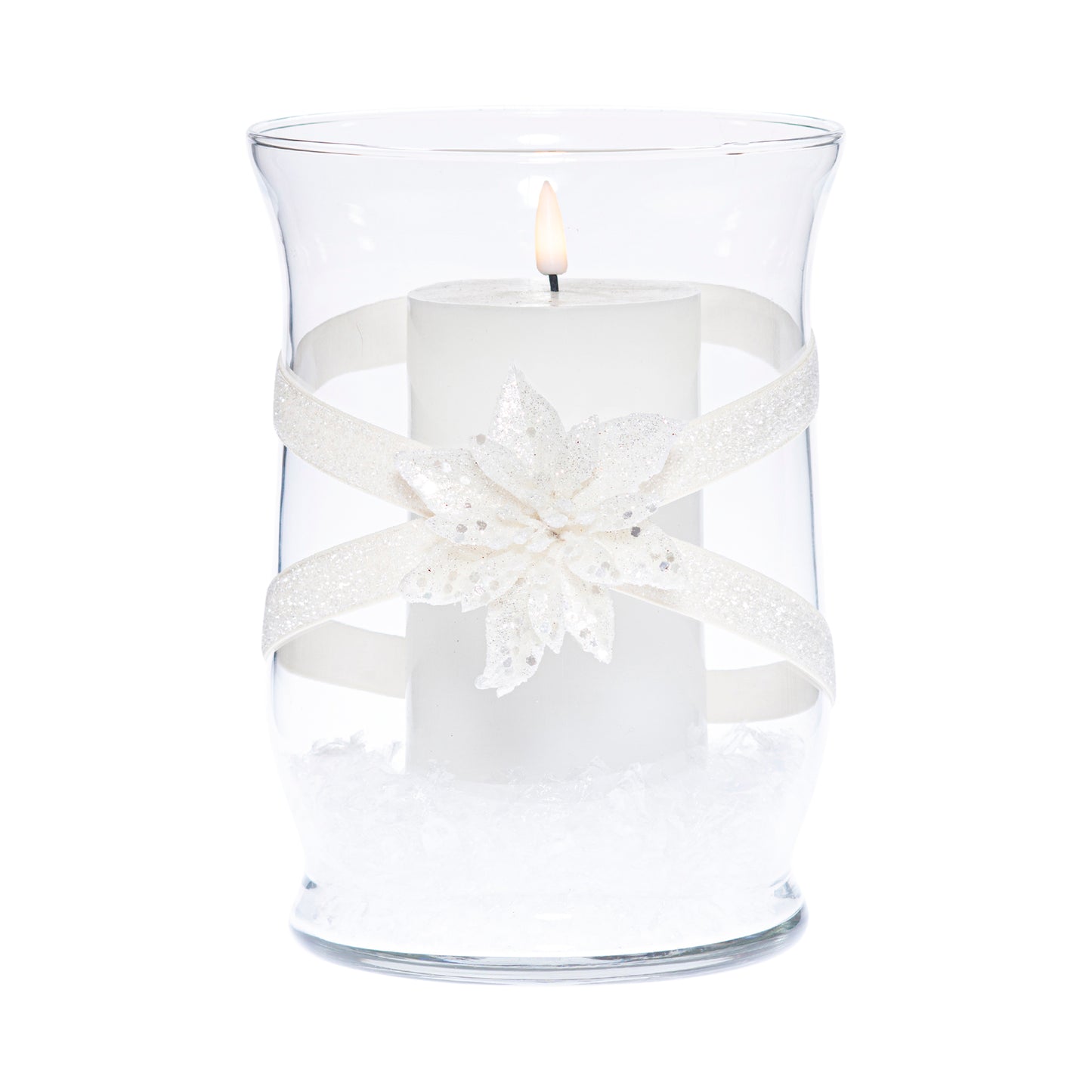 5.5" x 8" Hurricane Sparkly White 1X 2 Ivory Glitter Poinsettia Floral Holiday Collection Complete Set FREE SHIPPING