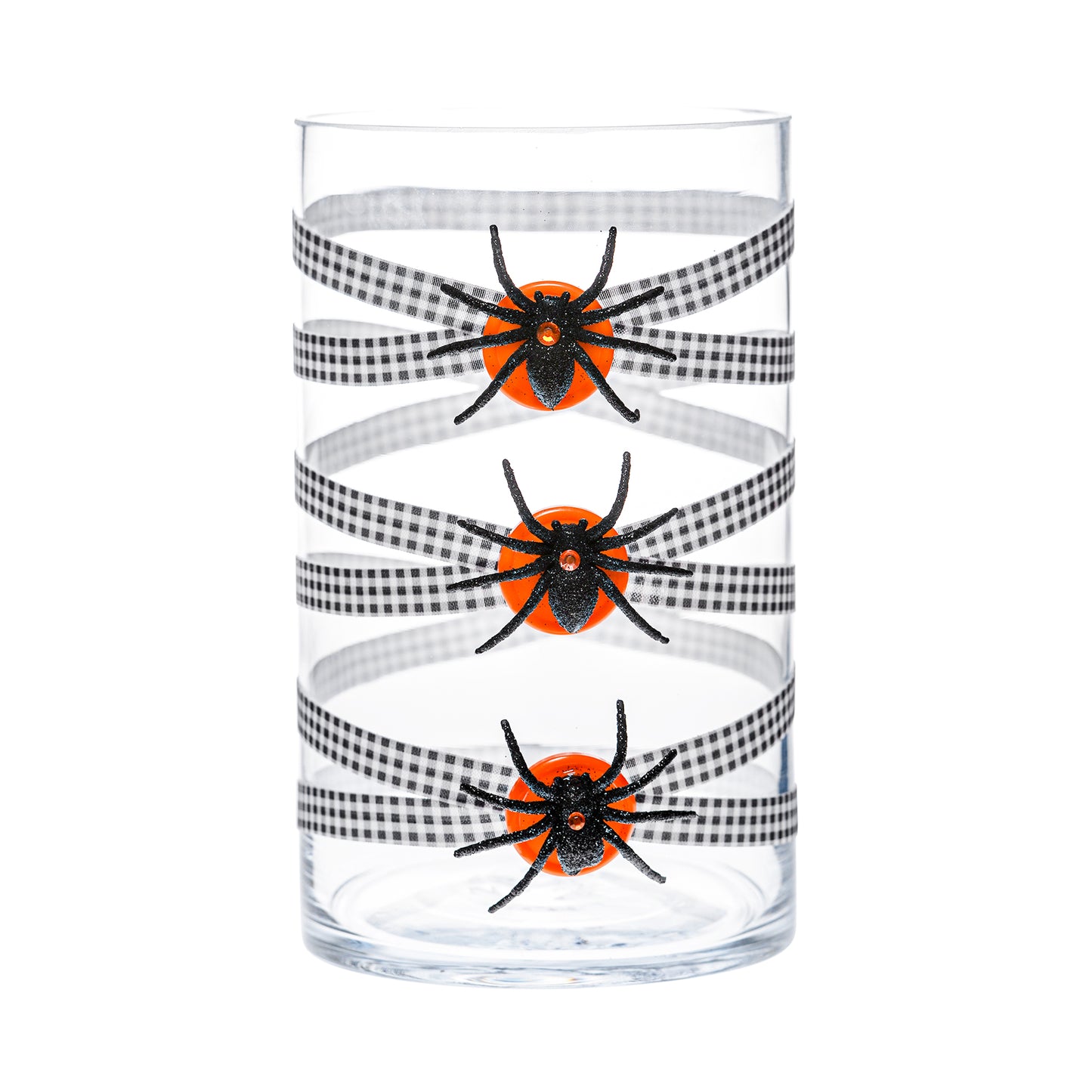 Front of Glass Wrappings 6" x 10" cylinder wrapped in black & white check elastic, decorated with 3 glitter spiders.