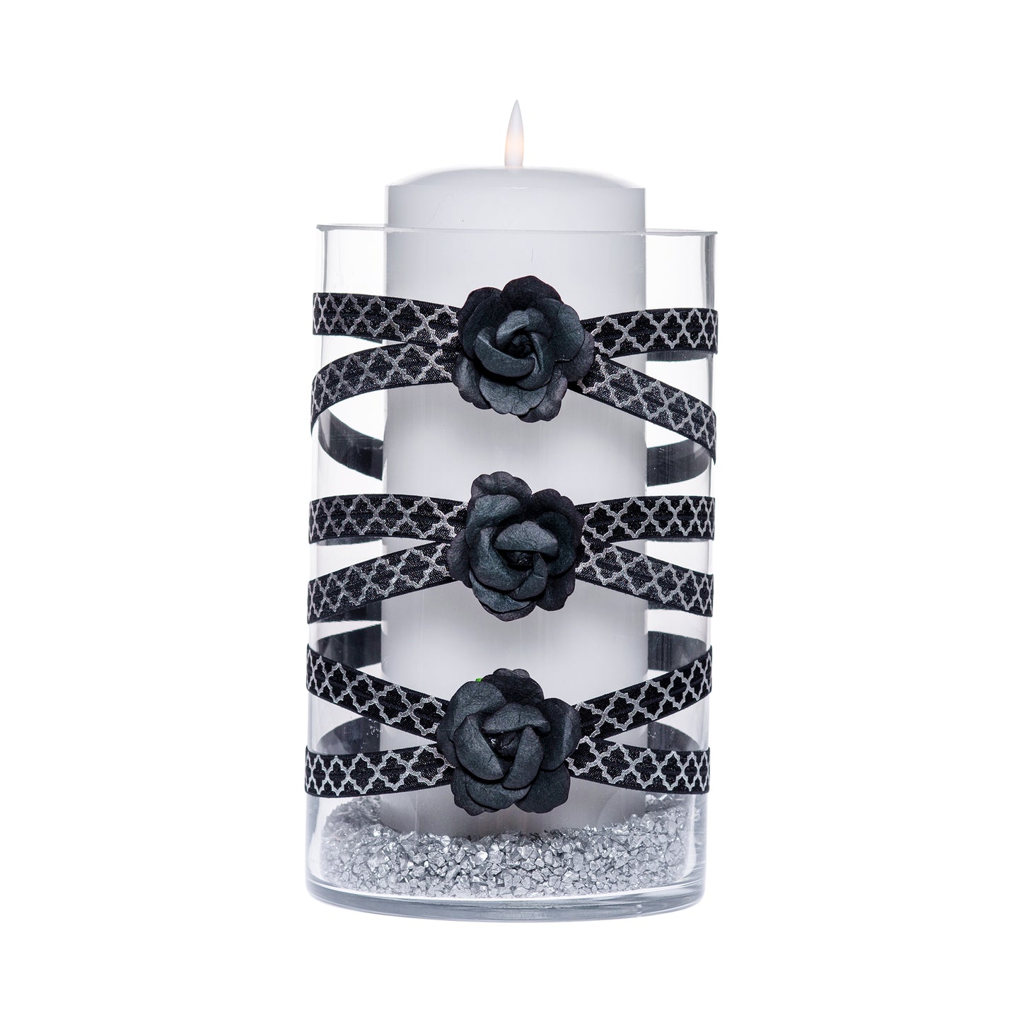 6" x 10" Cylinder Black Silver Quatrefoil 5X 6 Large Black Roses Crystal Spiders Eerie Elegant Floral Halloween Collection Complete Set FREE SHIPPING