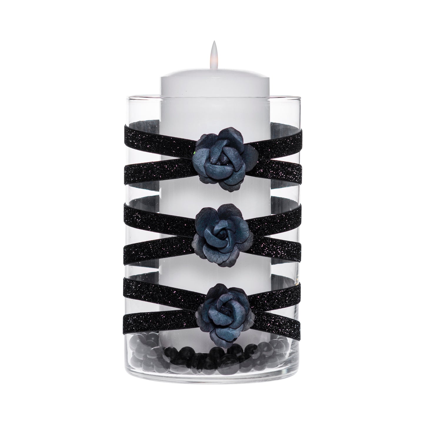 6" x 10" Cylinder Black Glitter 5X 6 Large Black Roses Crystal Spiders Eerie Elegant Floral Halloween Collection Complete Set FREE SHIPPING