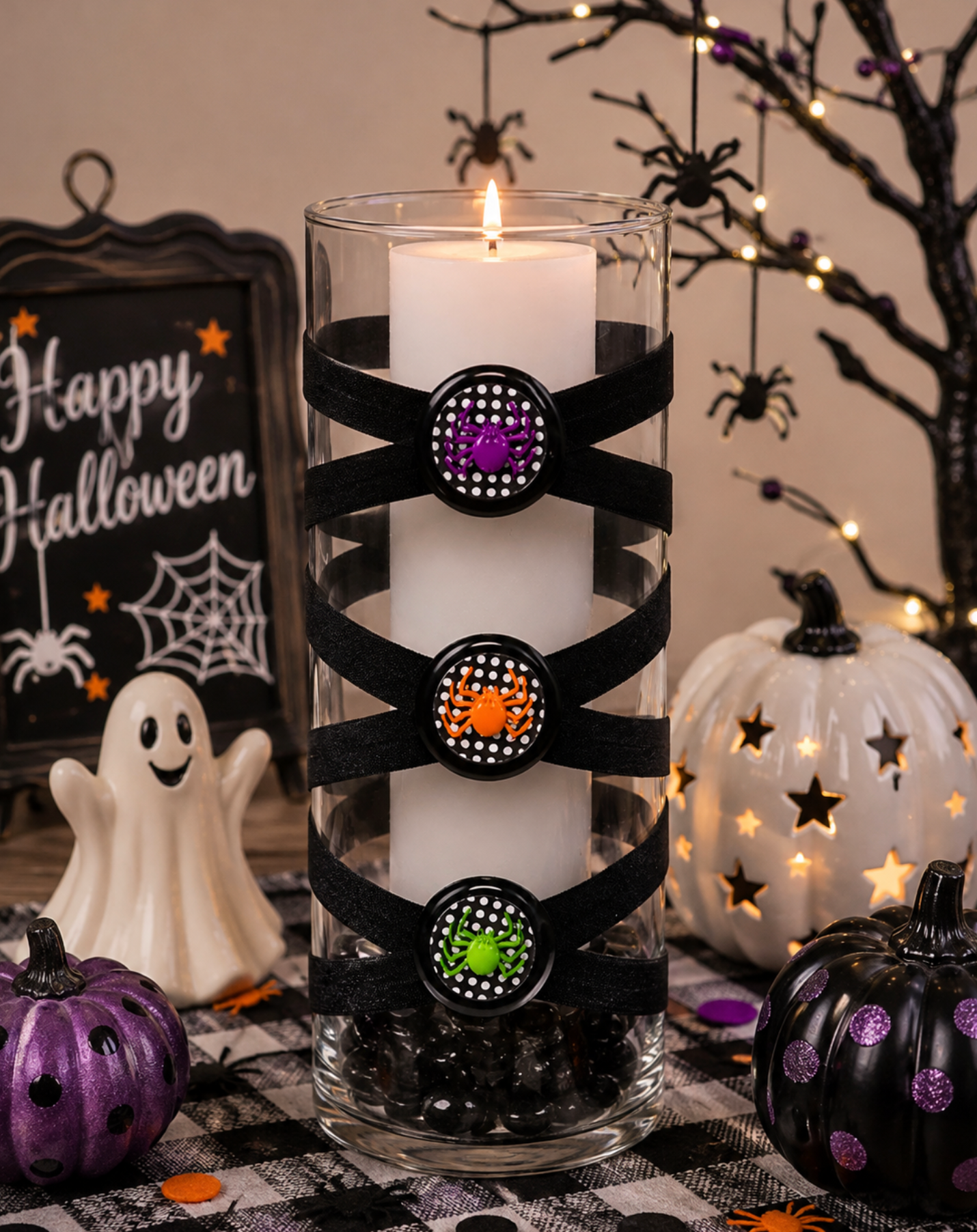 3.5" x 9.5" Vase Black 5X 6 Colorful Purple Orange Green Chartreuse Spiders Halloween Collection Complete Set FREE SHIPPING