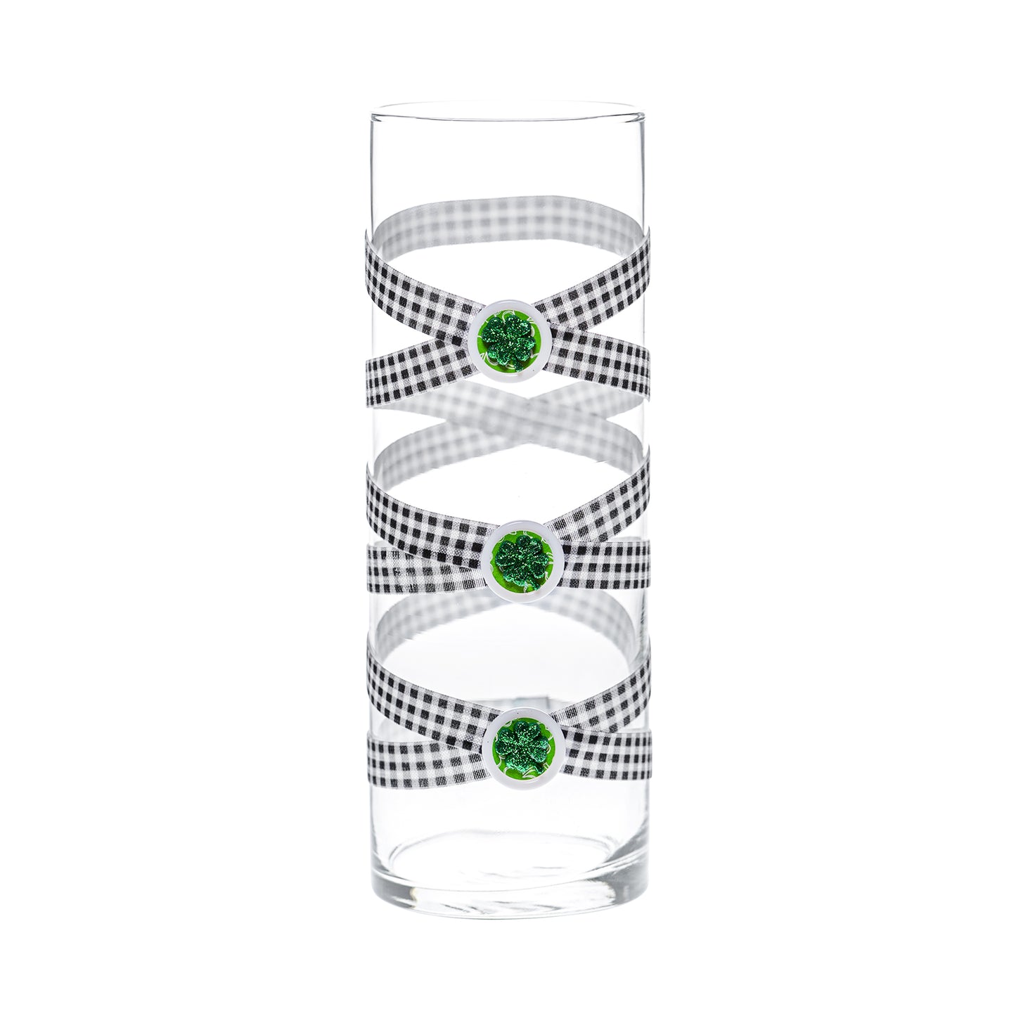 Front of Glass Wrappings 10" bud vase wrapped in black & white check elastic, decorated with 3 glitter shamrocks.