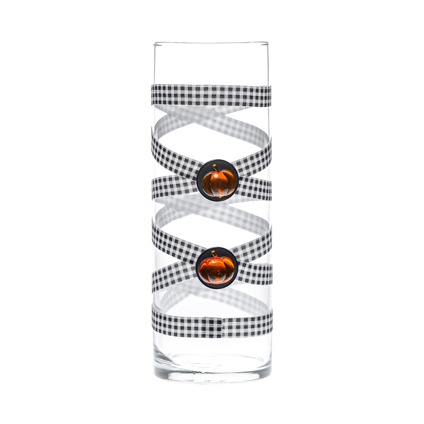 Back of Glass Wrappings 10" bud vase wrapped in black & white check elastic, decorated with 2 amber pumpkins.