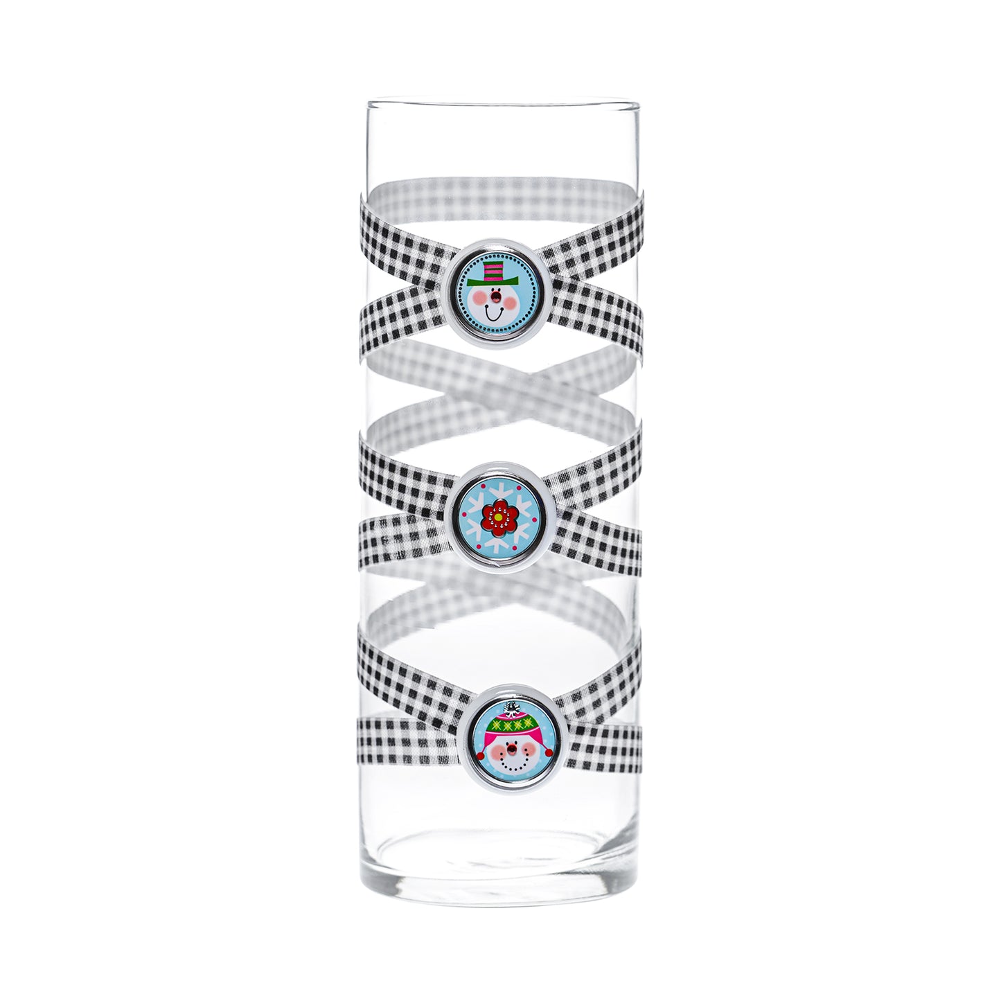 Front of Glass Wrappings 10" bud vase wrapped in black & white check elastic, decorated with 3 aqua "snowy" buttons.