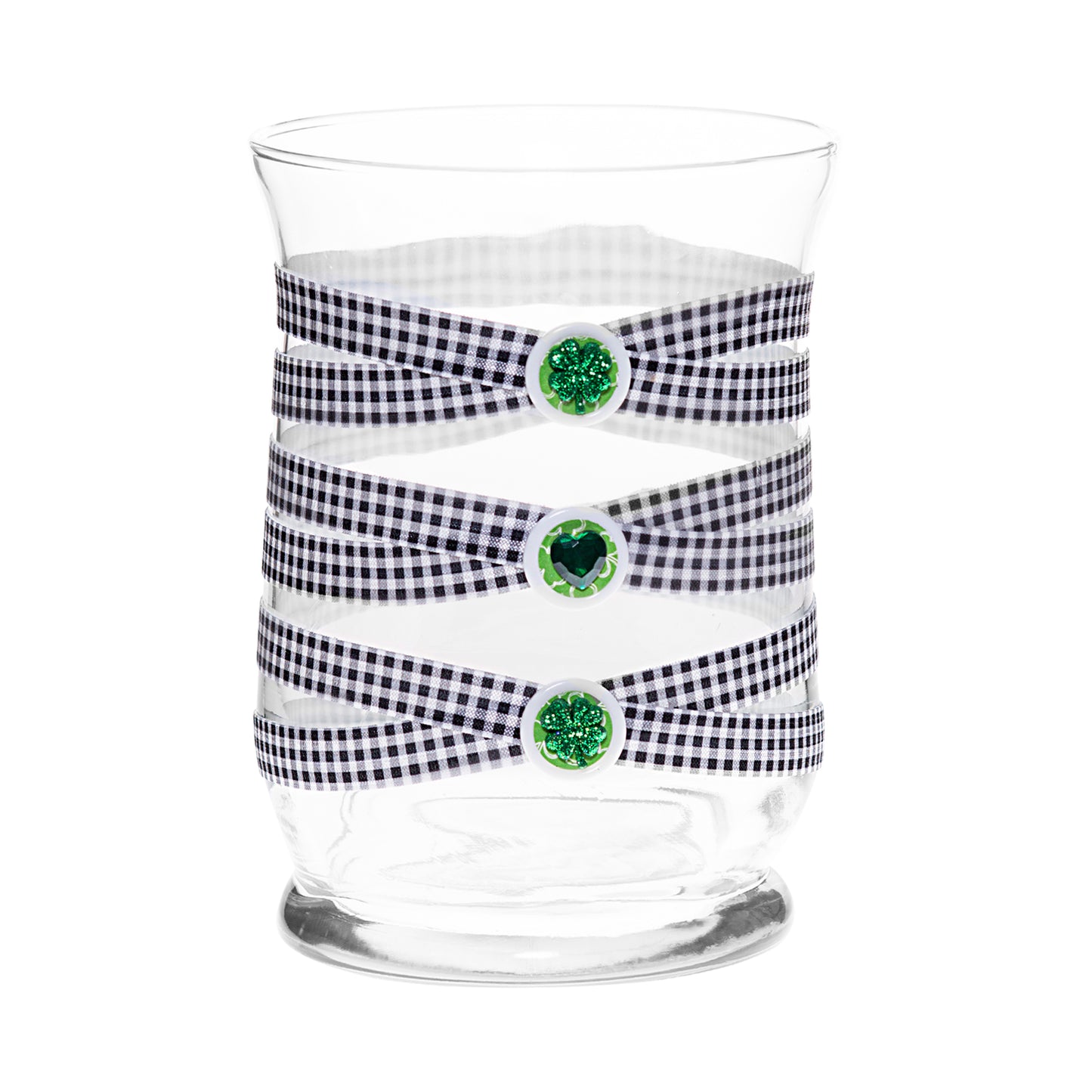 Front of Glass Wrappings 8" hurricane wrapped in black & white check elastic, decorated with 2 glitter shamrock and a green gem heart..