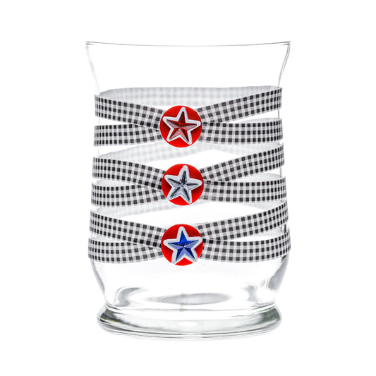 Front of Glass Wrappings 8" hurricane vase wrapped in black & white check elastic, decorated with 3 patriotic stars.