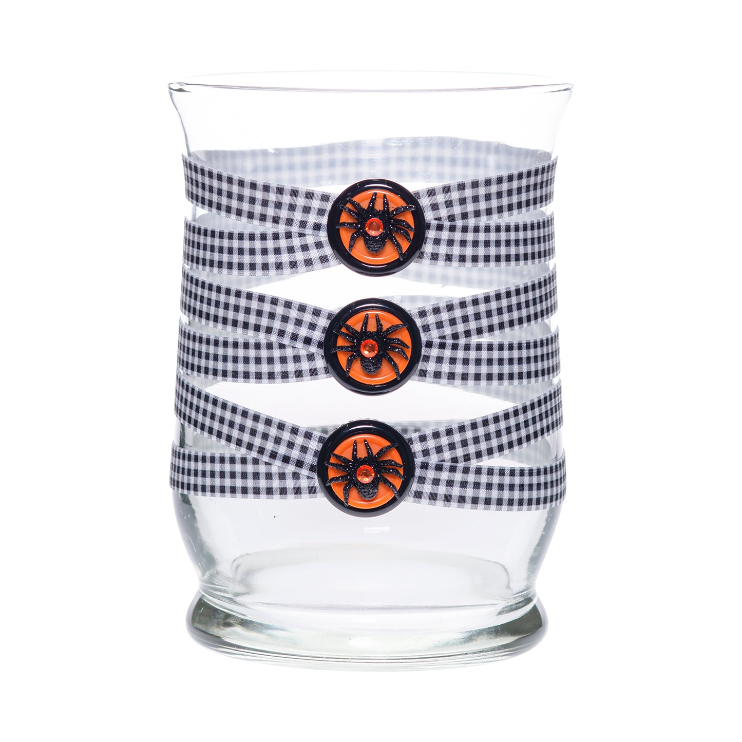 Front of Glass Wrappings' 8" hurricane vase, wrapped in black & white check elastic, decorated with 3 glittery spiders atop black and orange buttons.