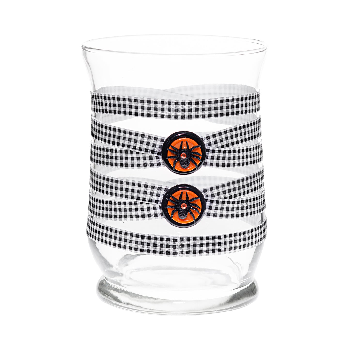 Back of Glass Wrappings' 8" hurricane vase, wrapped in black & white check elastic, decorated with 2 glittery spiders atop black and orange buttons.