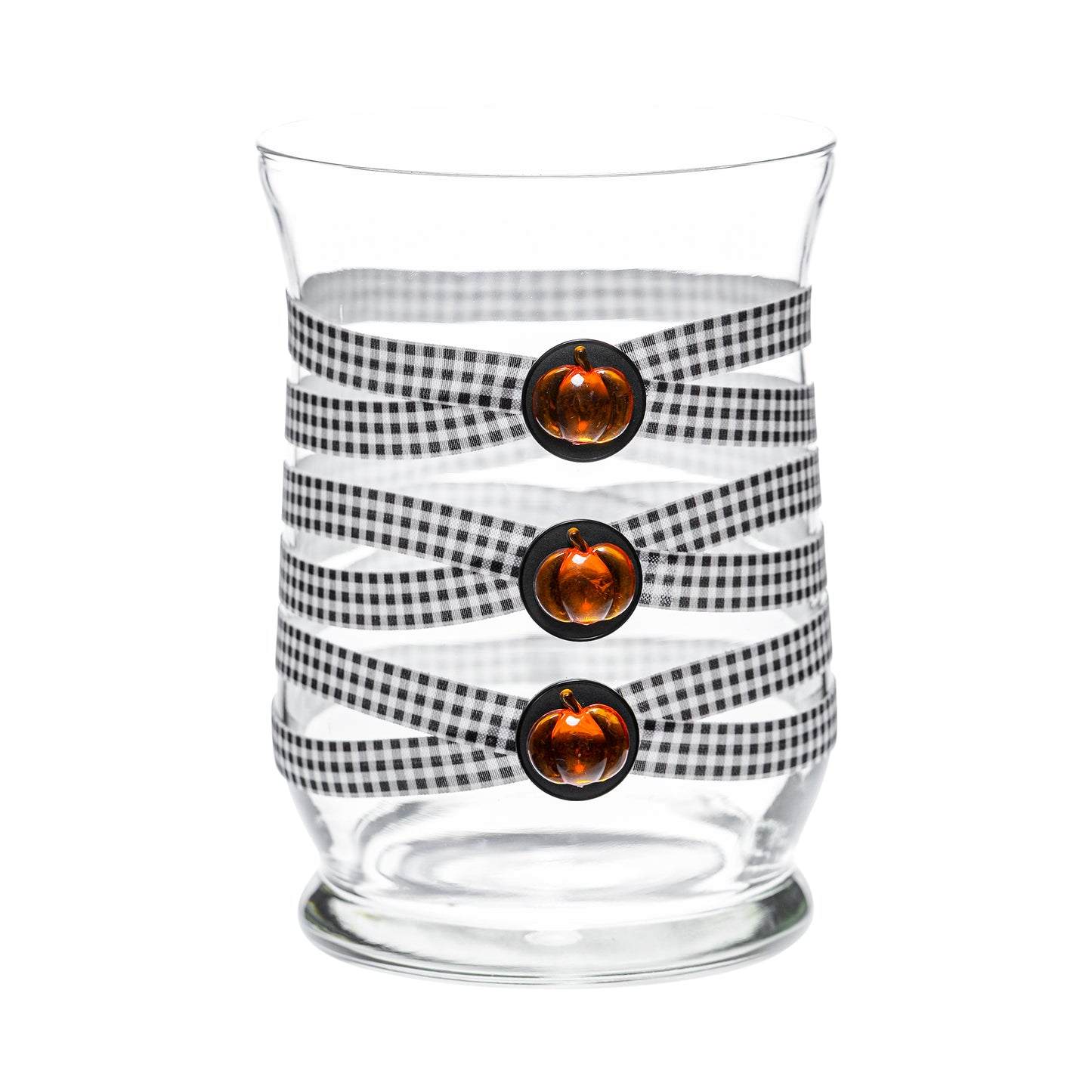 Front of Glass Wrappings 8" hurricane vase wrapped in black & white check elastic, decorated with 3 amber pumpkins.