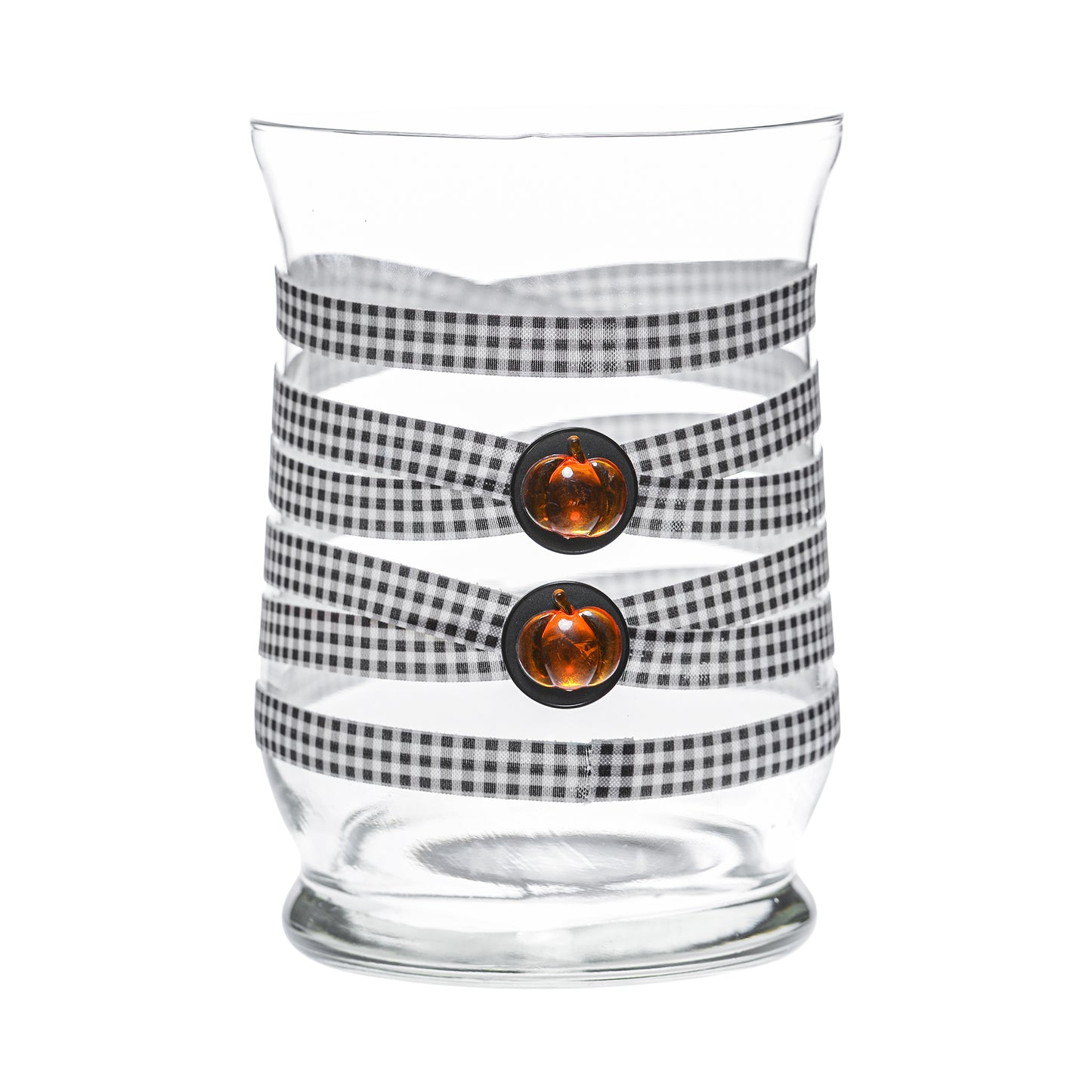 Back of Glass Wrappings 8" hurricane vase wrapped in black & white check elastic, decorated with 2 amber pumpkins.