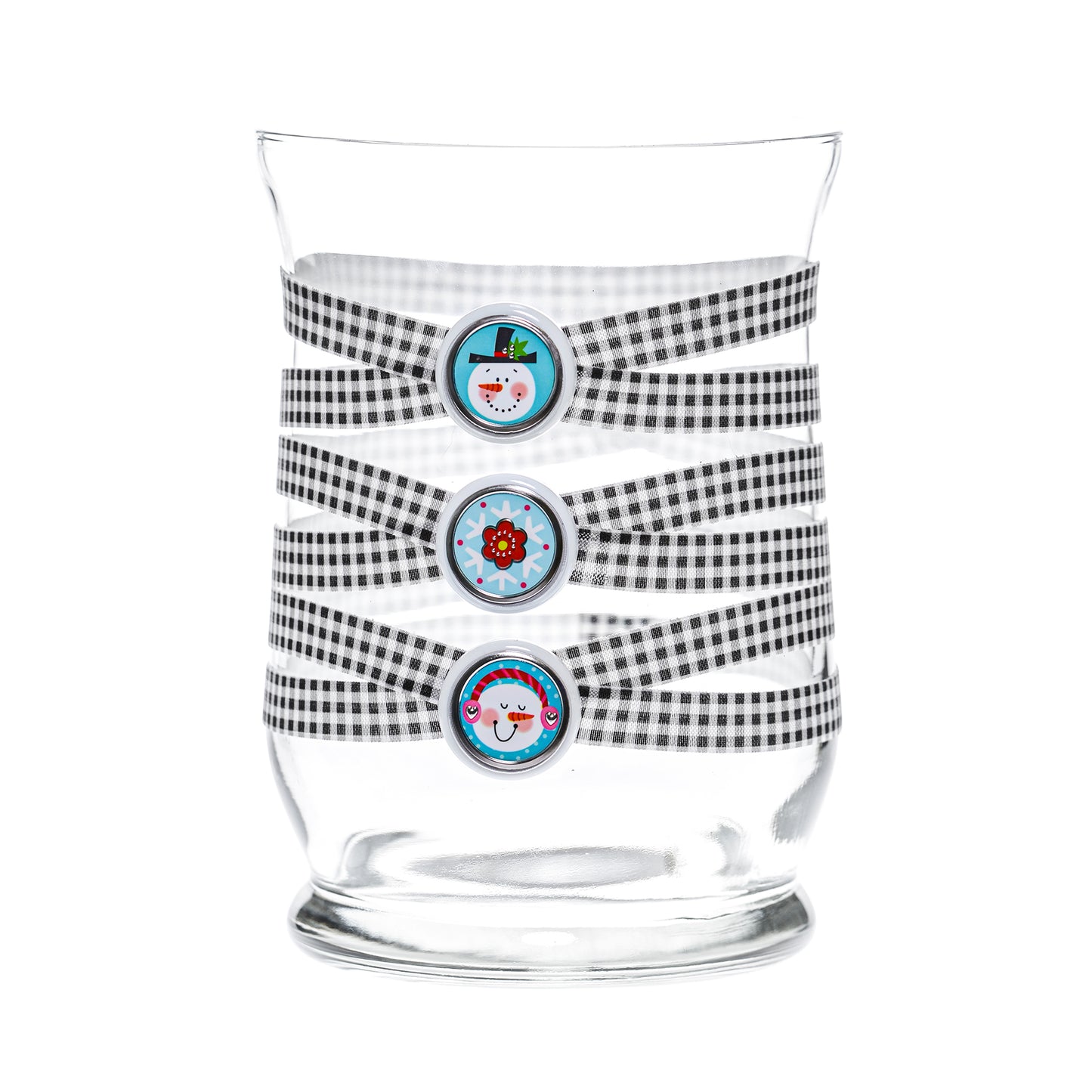 Front of Glass Wrappings 8" hurricane vase wrapped in black & white check elastic, decorated with 3 aqua "snowy" buttons.