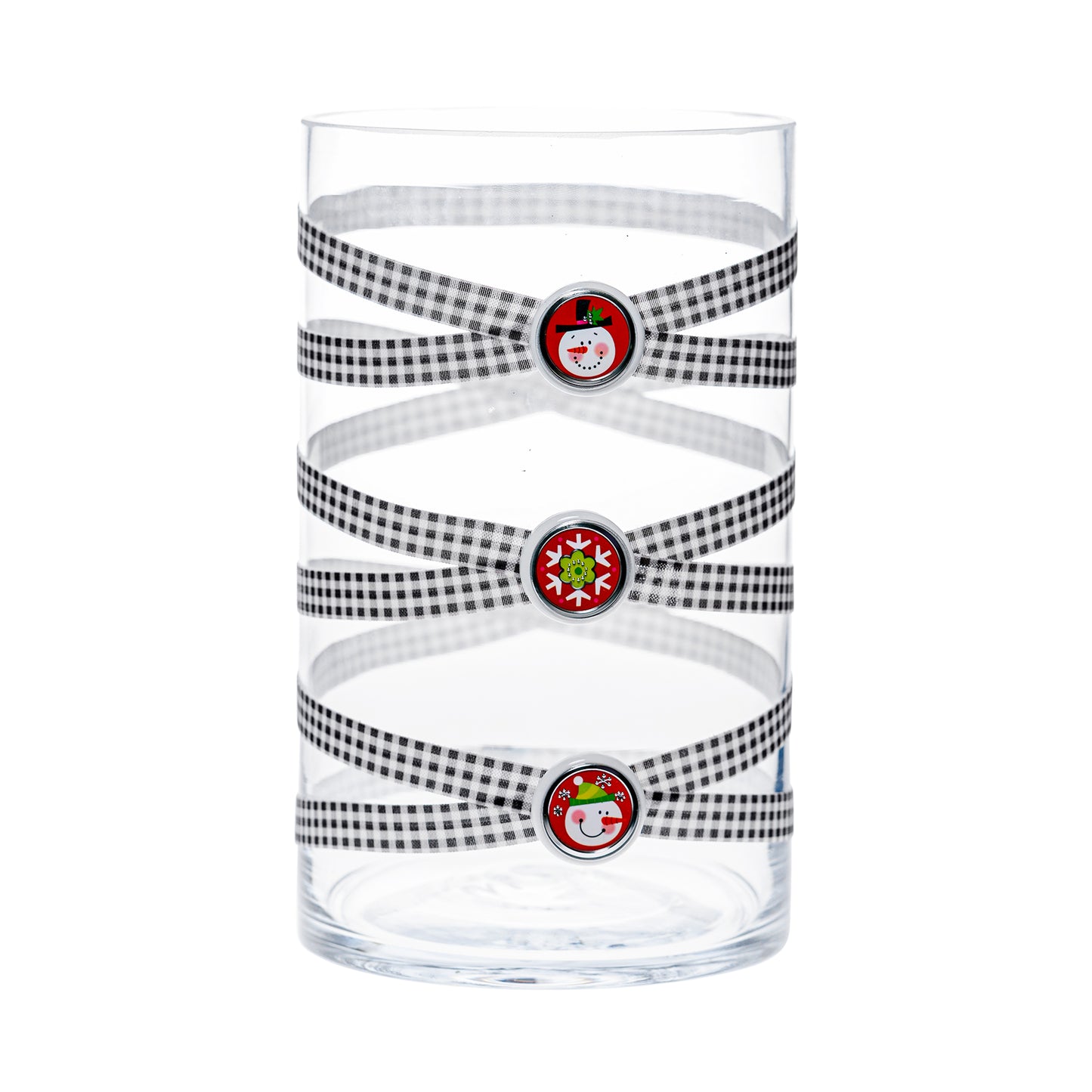 Front of Glass Wrappings 6" x 10" cylinder wrapped in black & white check elastic, decorated with 3 red "snowy" buttons.