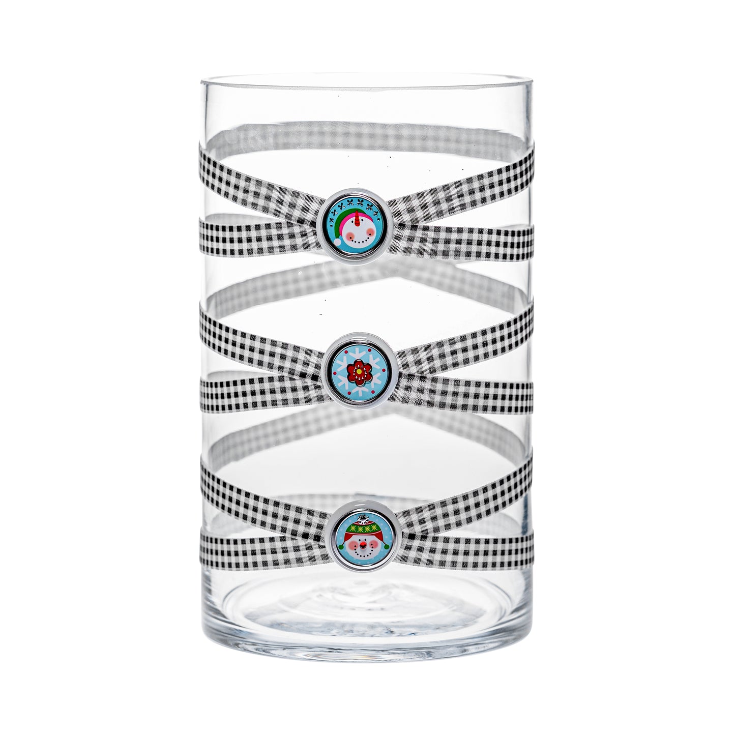 Front of Glass Wrappings 6" x 10" cylinder wrapped in black & white check elastic, decorated with 3 aqua "snowy" buttons.