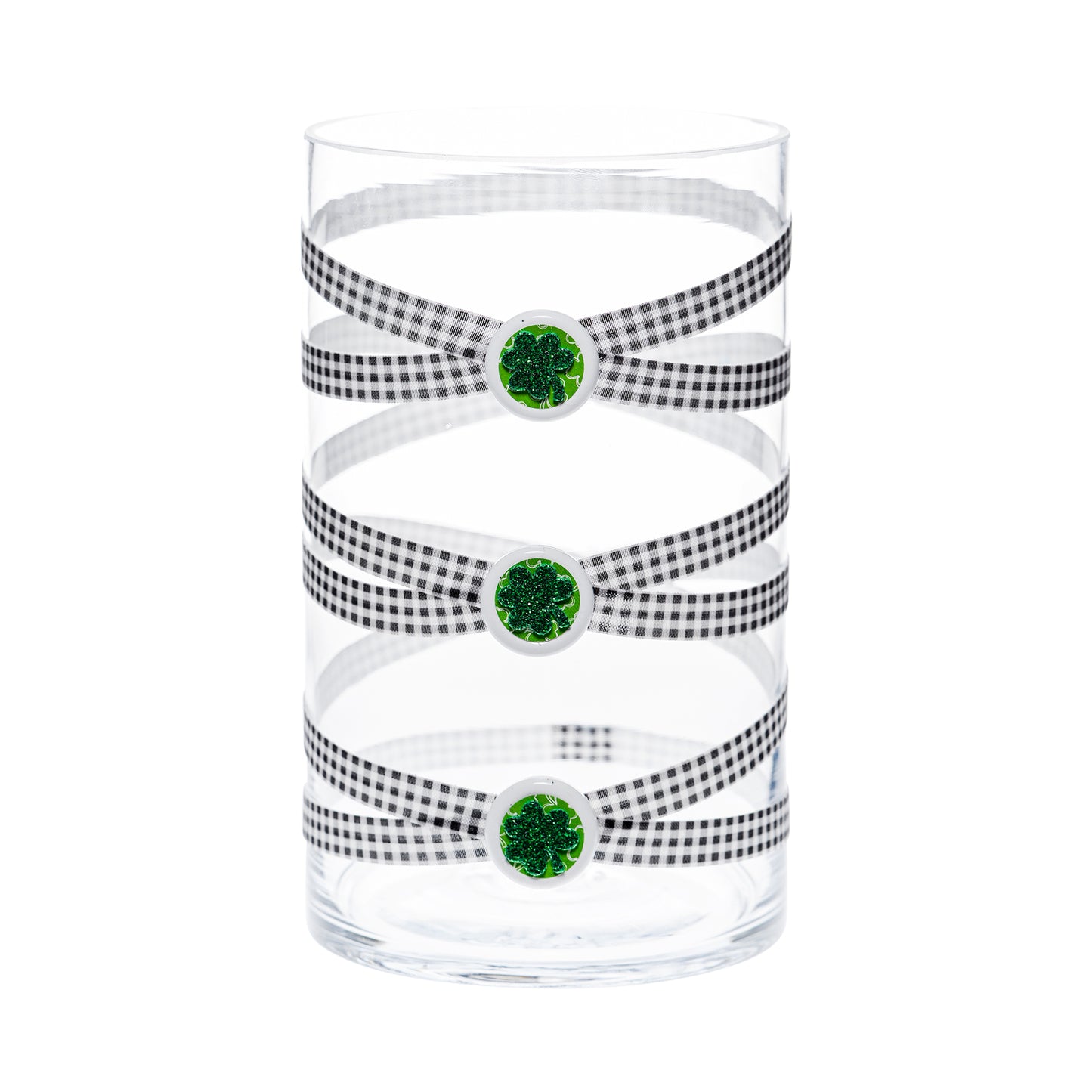 Front of Glass Wrappings 6"x 10" hurricane wrapped in black & white check elastic, decorated with 3 glitter shamrocks.