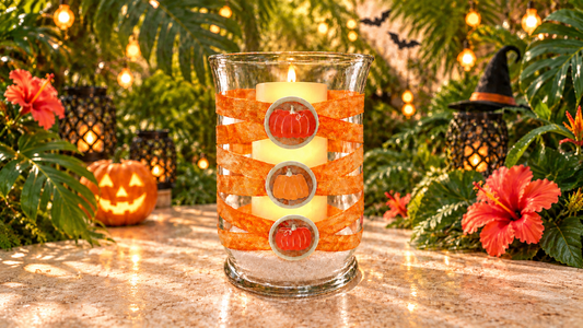 Tropical Summerween pumpkin glass hurricane with white sand and glowing candle