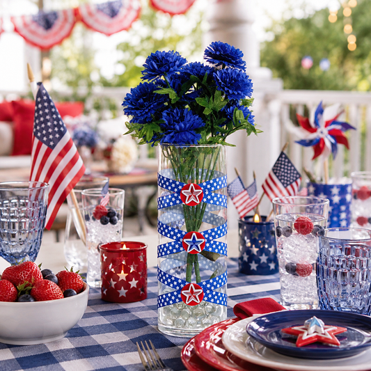 4th of July Patriotic Vase Centerpiece – Red, White & Blue Table Décor