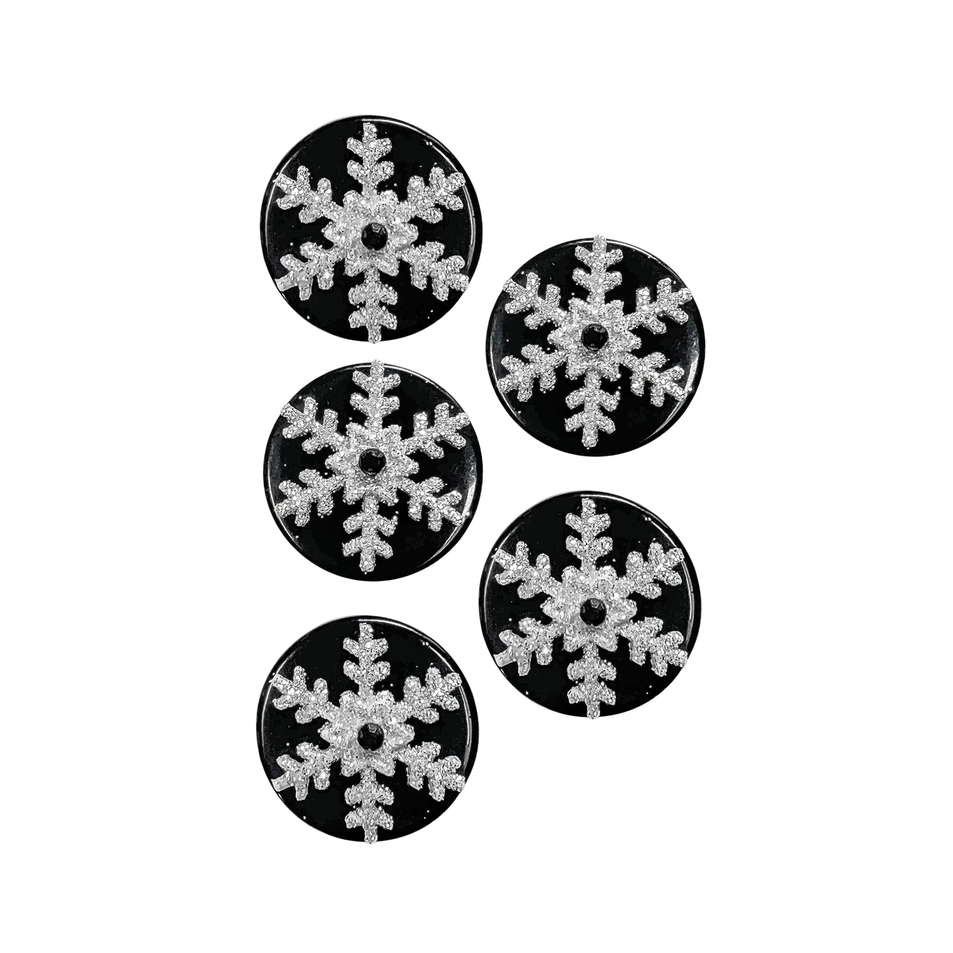 Glass Wrappings' set of 5 Medium Glitter Snowflakes embellishments. Black buttons with iridescent snowflakes topped with black rhinestones.