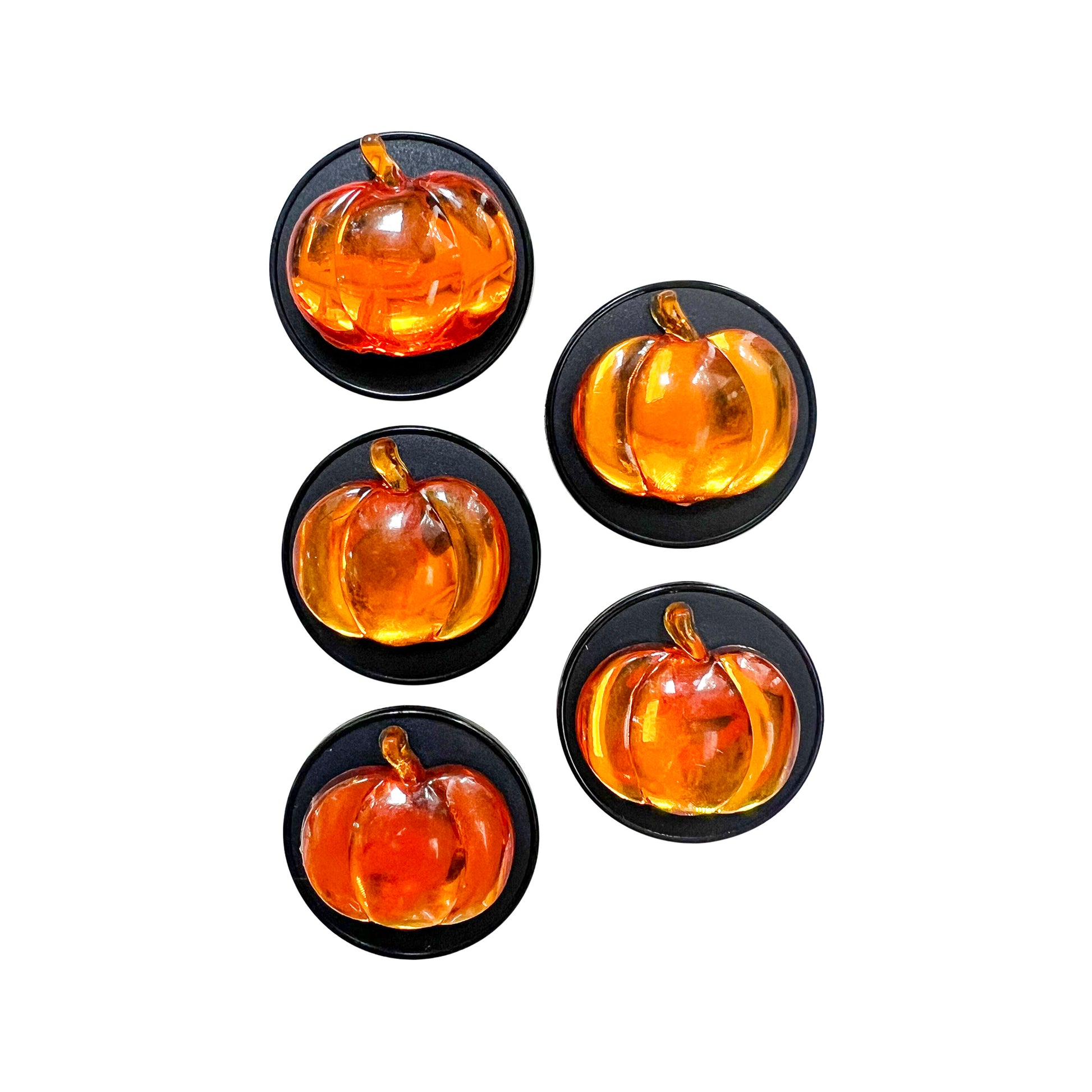 Glass Wrappings' set of 5 Thanksgiving Farmhouse Pumpkins embellishments. Amber pumpkins decorate black matte buttons.
