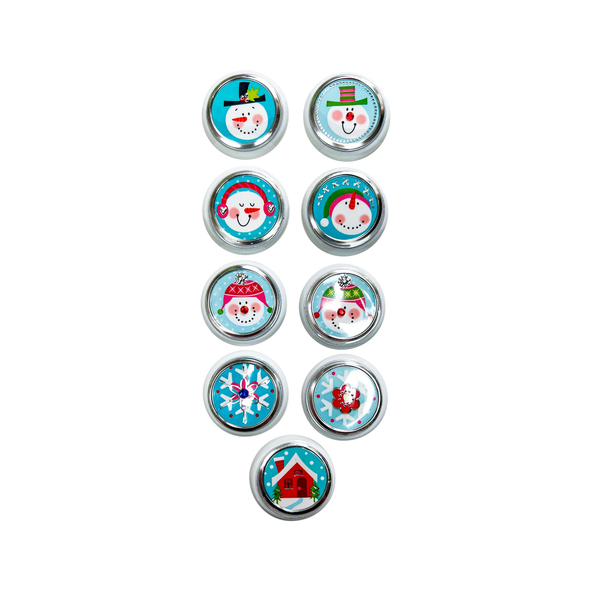 Glass Wrappings' set of snow-themed aqua stickers on white buttons.