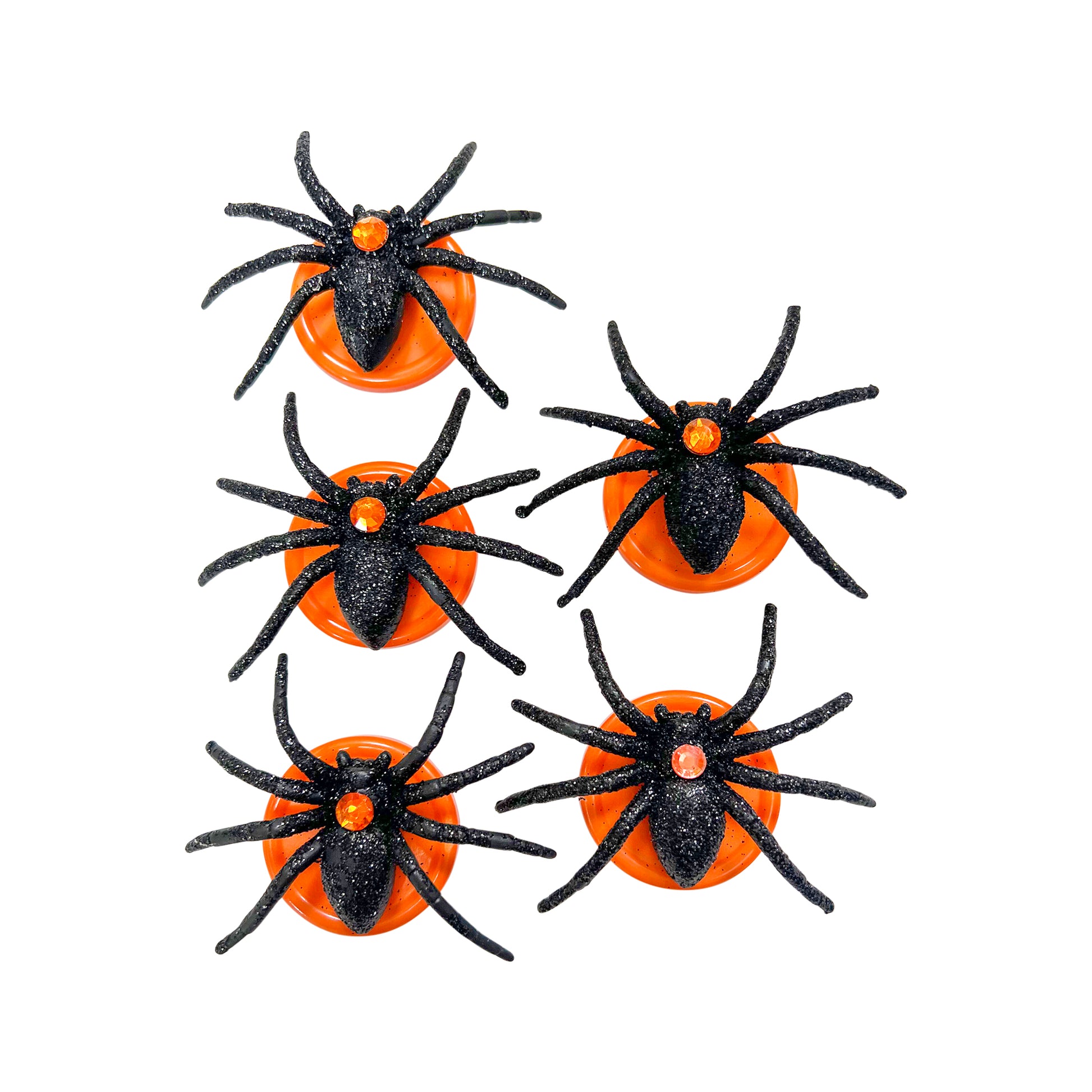 Glass Wrappings' set of 5 sparkly black spiders, adorned with orange gems, sit atop 3"orange buttons.