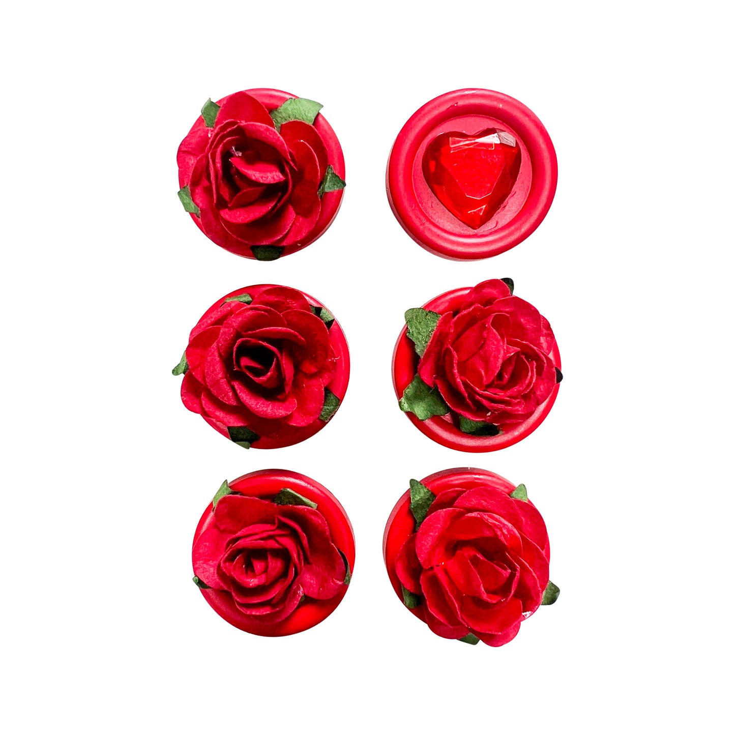 Glass Wrappings' set of 6 red button embellishments, 5 topped with red paper roses, and 1 with a red gem heart.