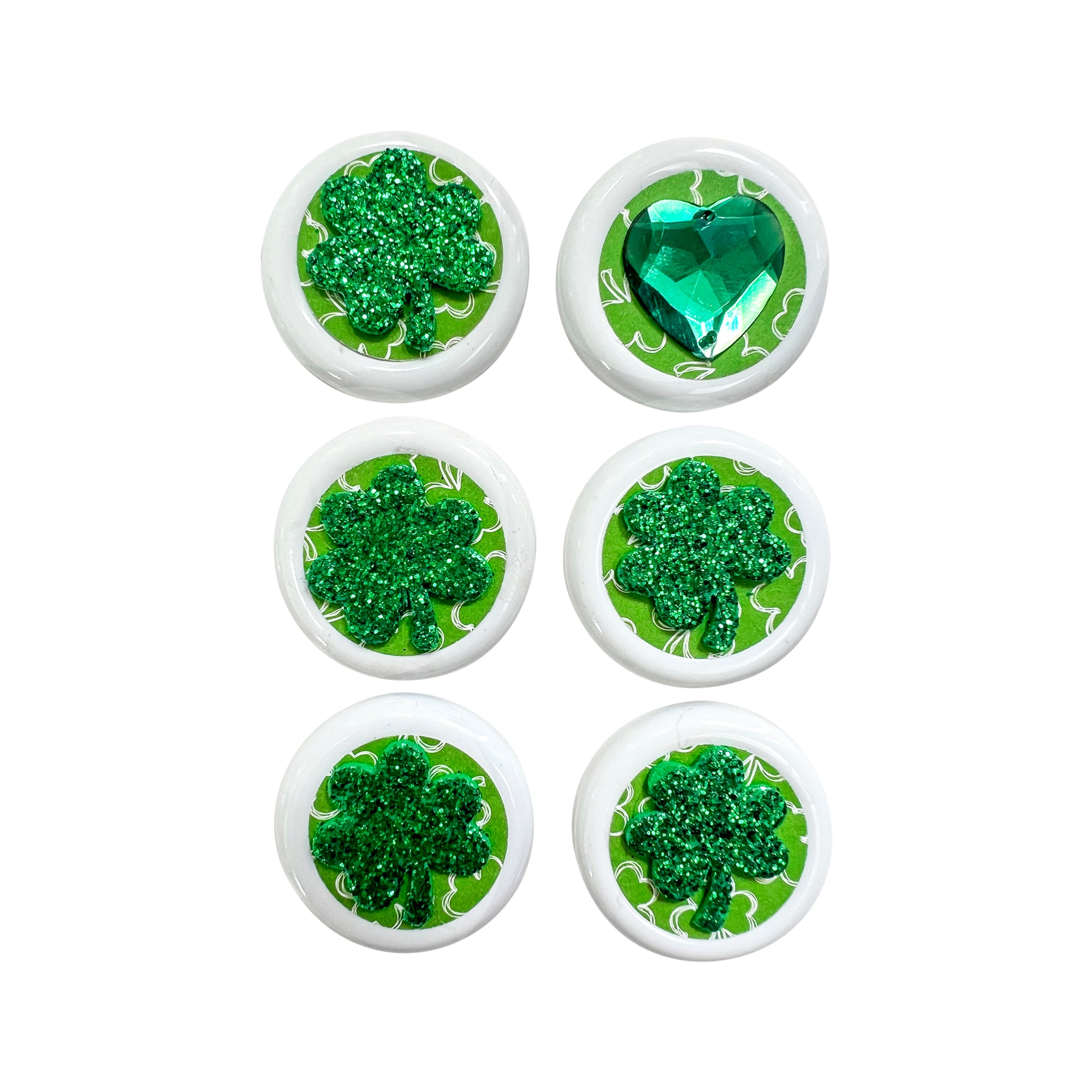 Glass Wrappings set of 6 white button embellishments, 5 topped with green glitter shamrocks, and 1 with a green gem heart.