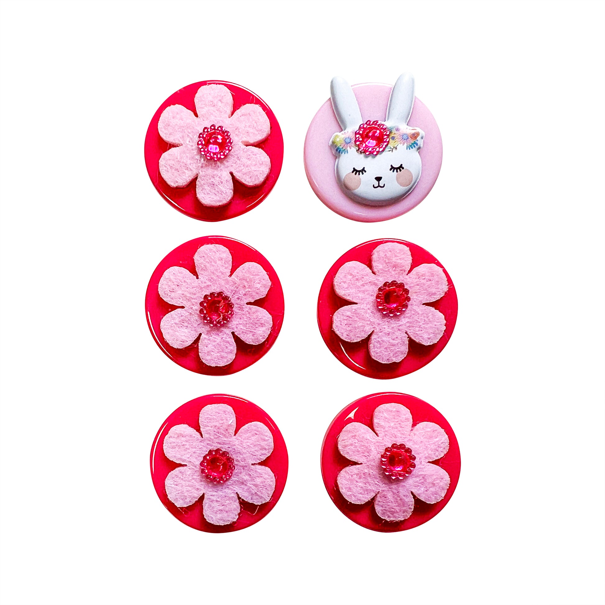 Glass Wrappings' set of 6 pink button embellishments. 4 are topped with pink felt flowers, and 1 with an adorable "angelic" bunny.