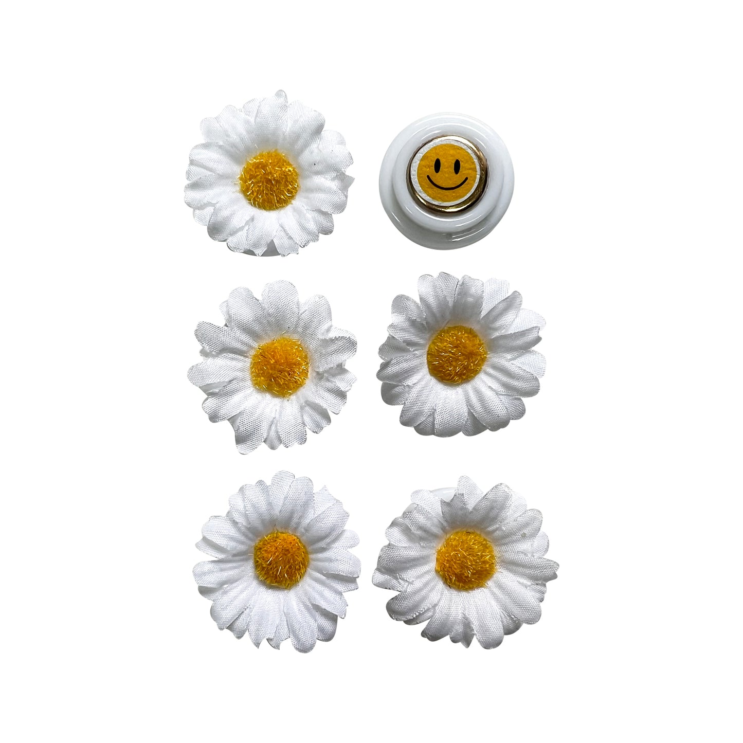 Glass Wrappings' set of 6 white button embellishments, 5 topped with white fabric daisies, and 1 with a gold smiley face.