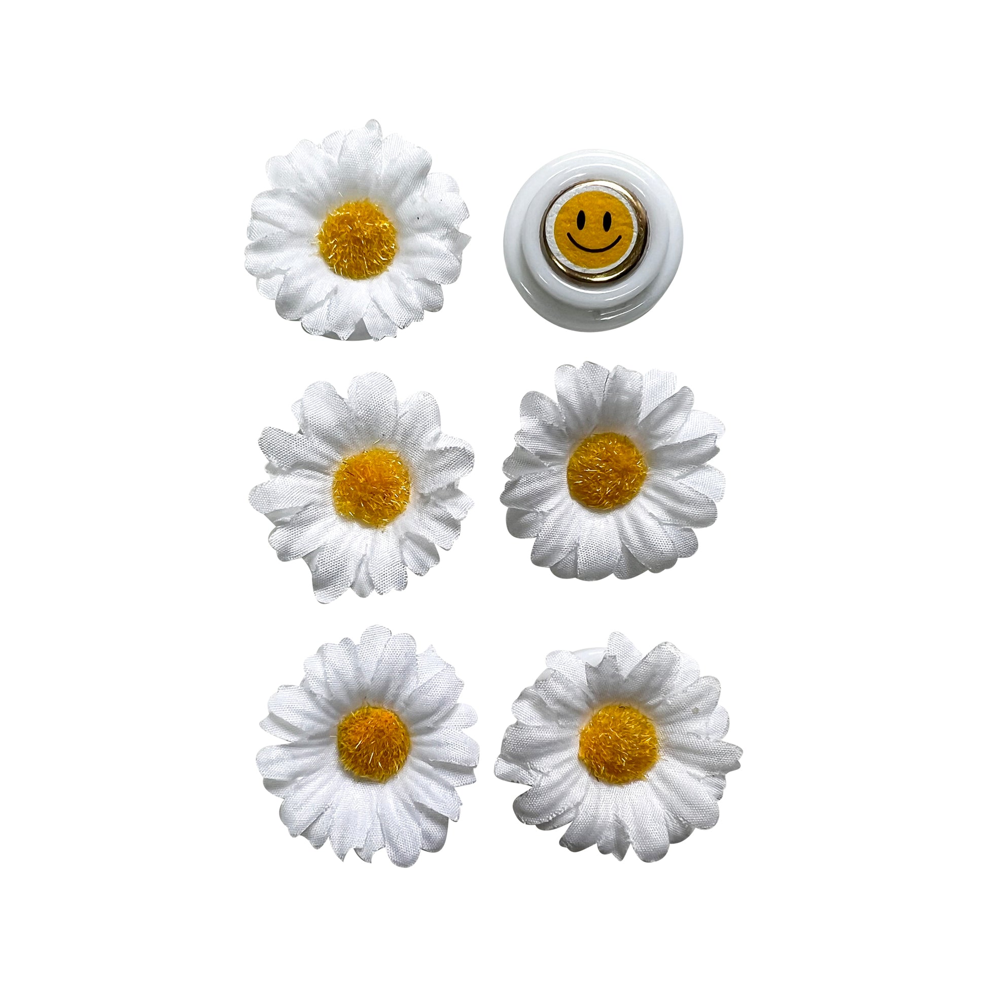 Glass Wrappings' set of 6 white buttons embellishments, 5 with white daisies atop and 1 with a gold smiley face.