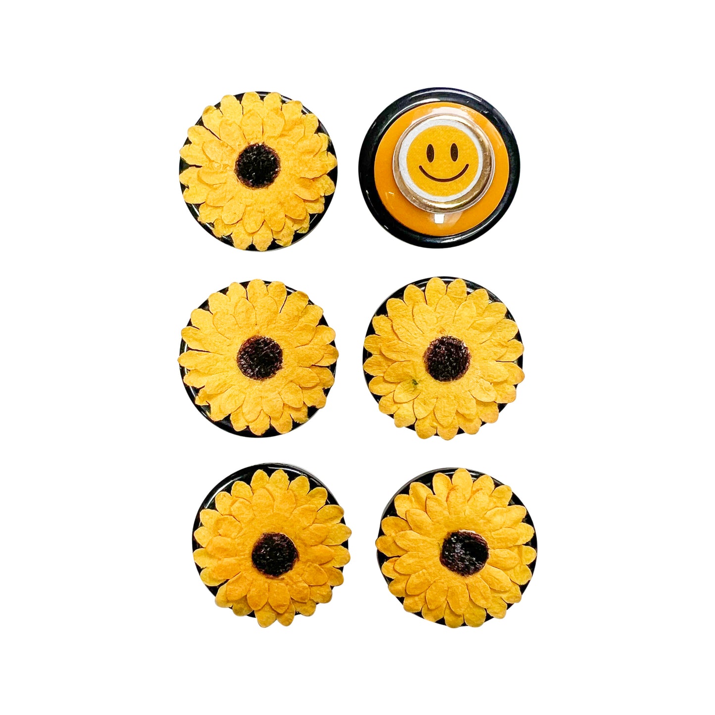 Glass Wrappings' embellishment set includes five fabric sunflowers atop 1" black buttons.