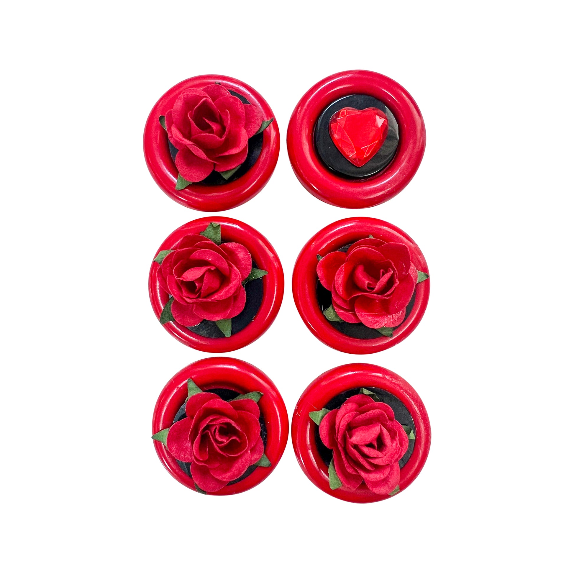 Glass Wrappings' set of 6 red button embellishments, 5 topped with red paper roses, and 1 with a red gem heart.