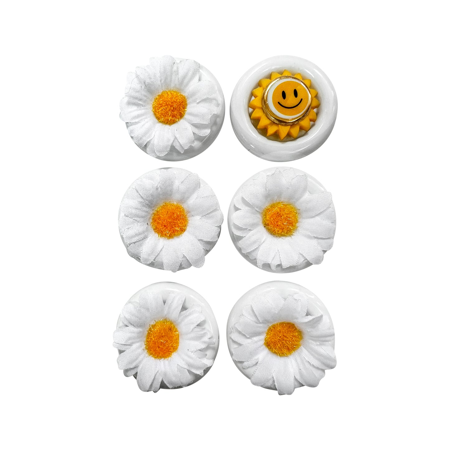 Glass Wrappings' set of 6 white buttons embellishments, 5 with white daisies atop and 1 with a gold smiley face.