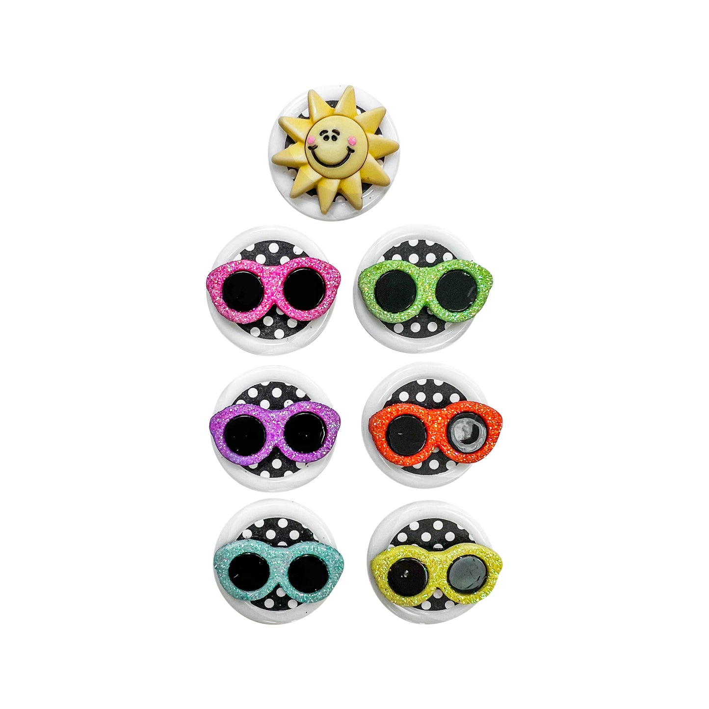 Glass Wrappings' set of 7 white button embellishments, 6 topped with multi-colored glitter sunglasses, and 1 adorable sun.