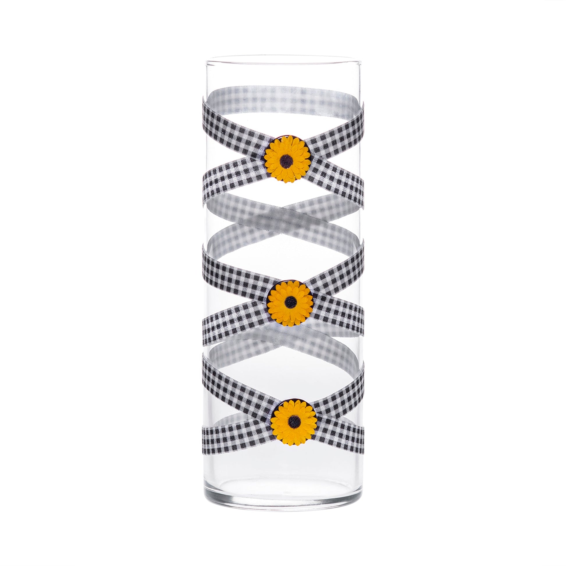 Front of Glass Wrappings 10" glass bud vase wrapped in black & white check elastic, decorated with 3 small sunflowers.