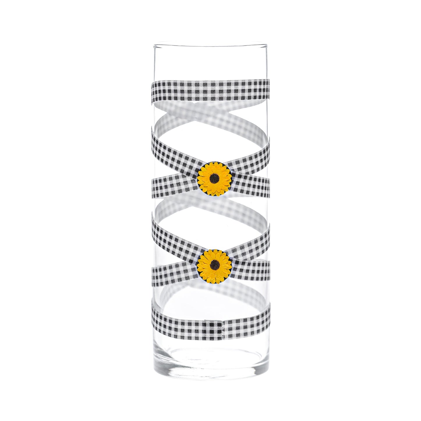Back of Glass Wrappings 10" glass bud vase wrapped in black & white check elastic, decorated with 2 small sunflowers.