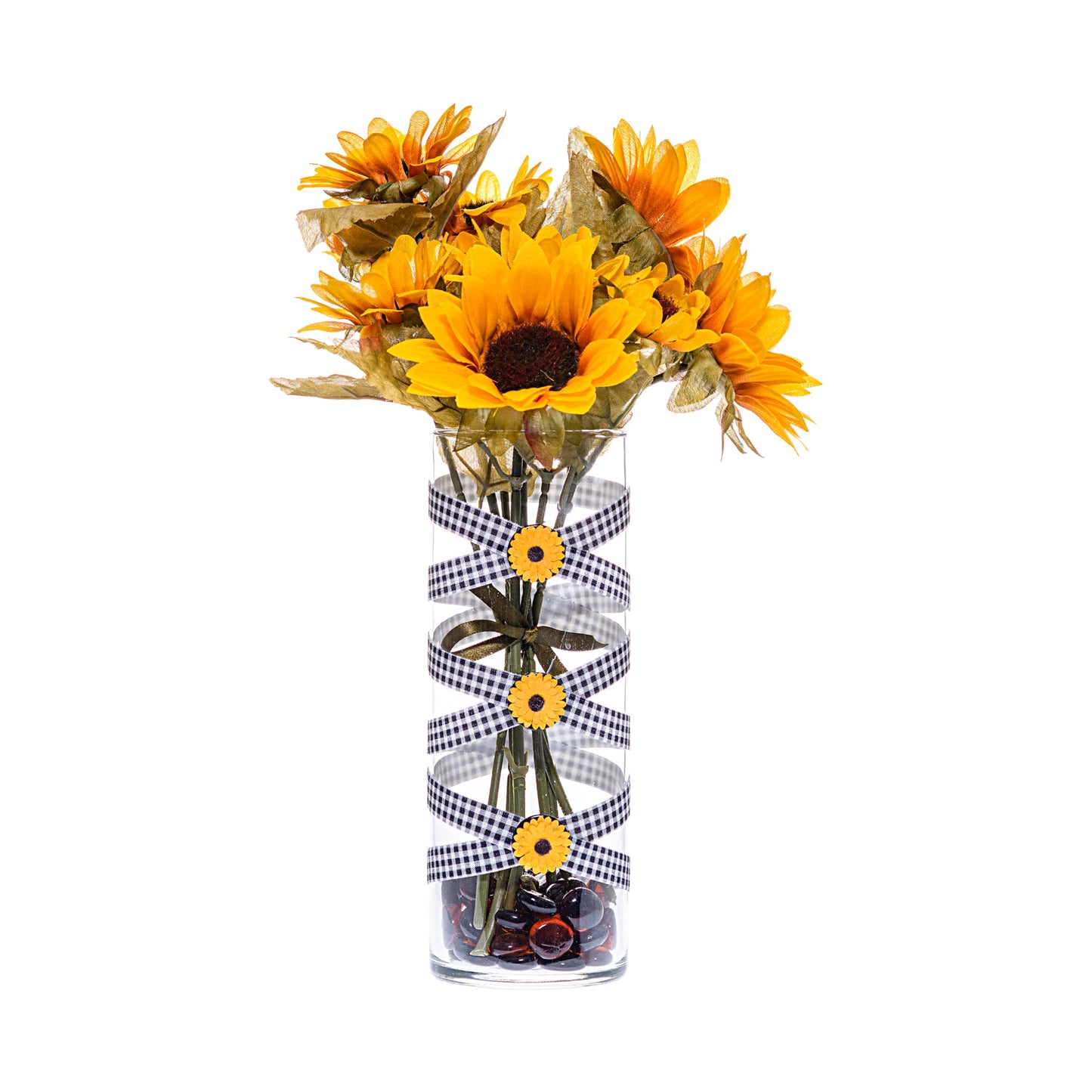 Front of Glass Wrappings 10" glass bud vase wrapped in black & white check elastic, decorated with 3 small sunflowers and filled with a bouquet of sunflowers.