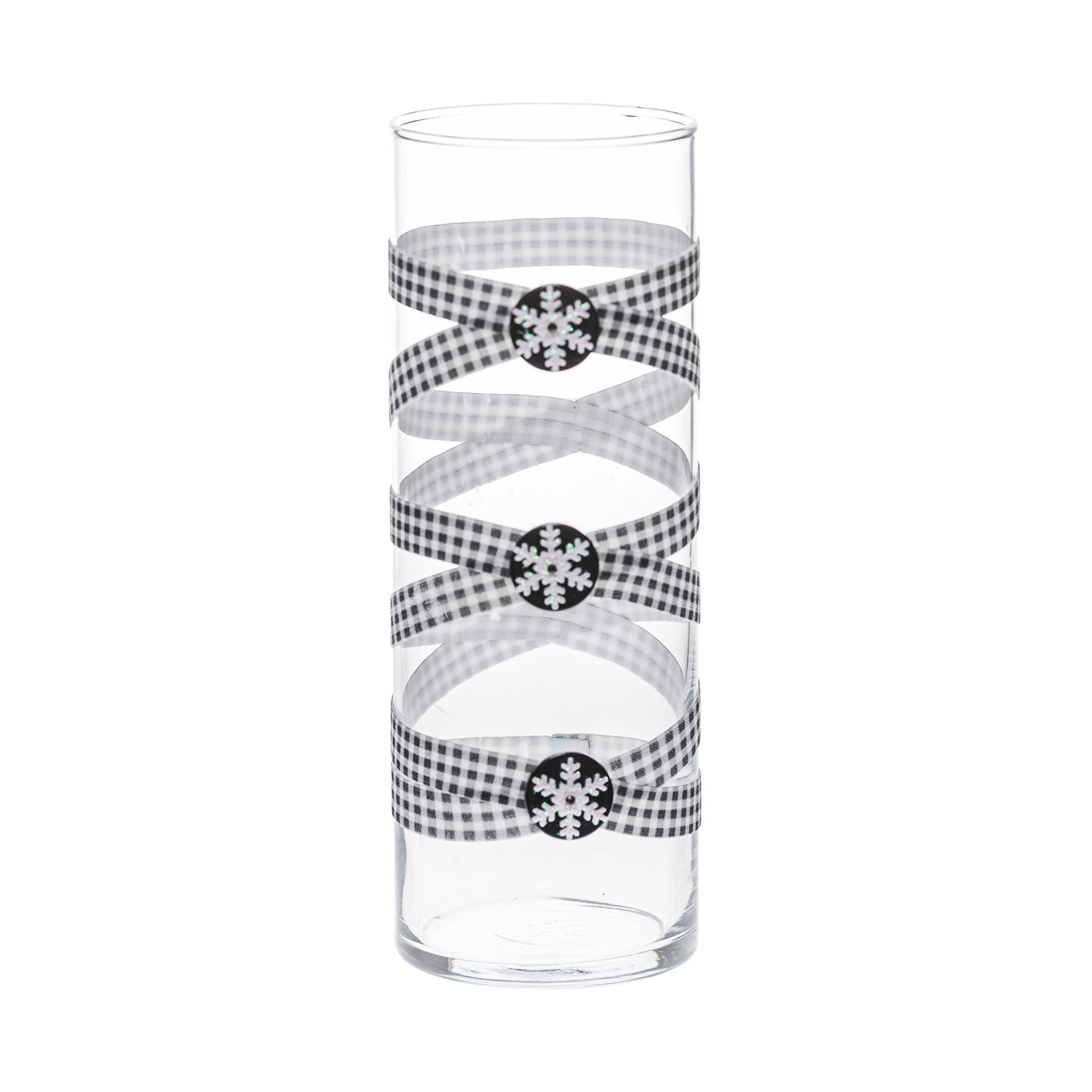 ront of Glass Wrappings 10" bud vase wrapped in black & white check elastic, decorated with 3 shiny snowflakes.