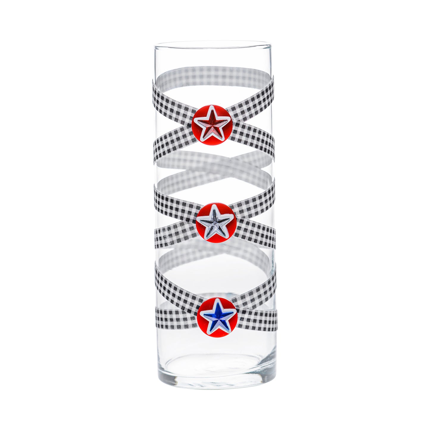 Front of Glass Wrappings 10" bud vase wrapped in black & white check elastic, decorated with 3 patriotic stars.
