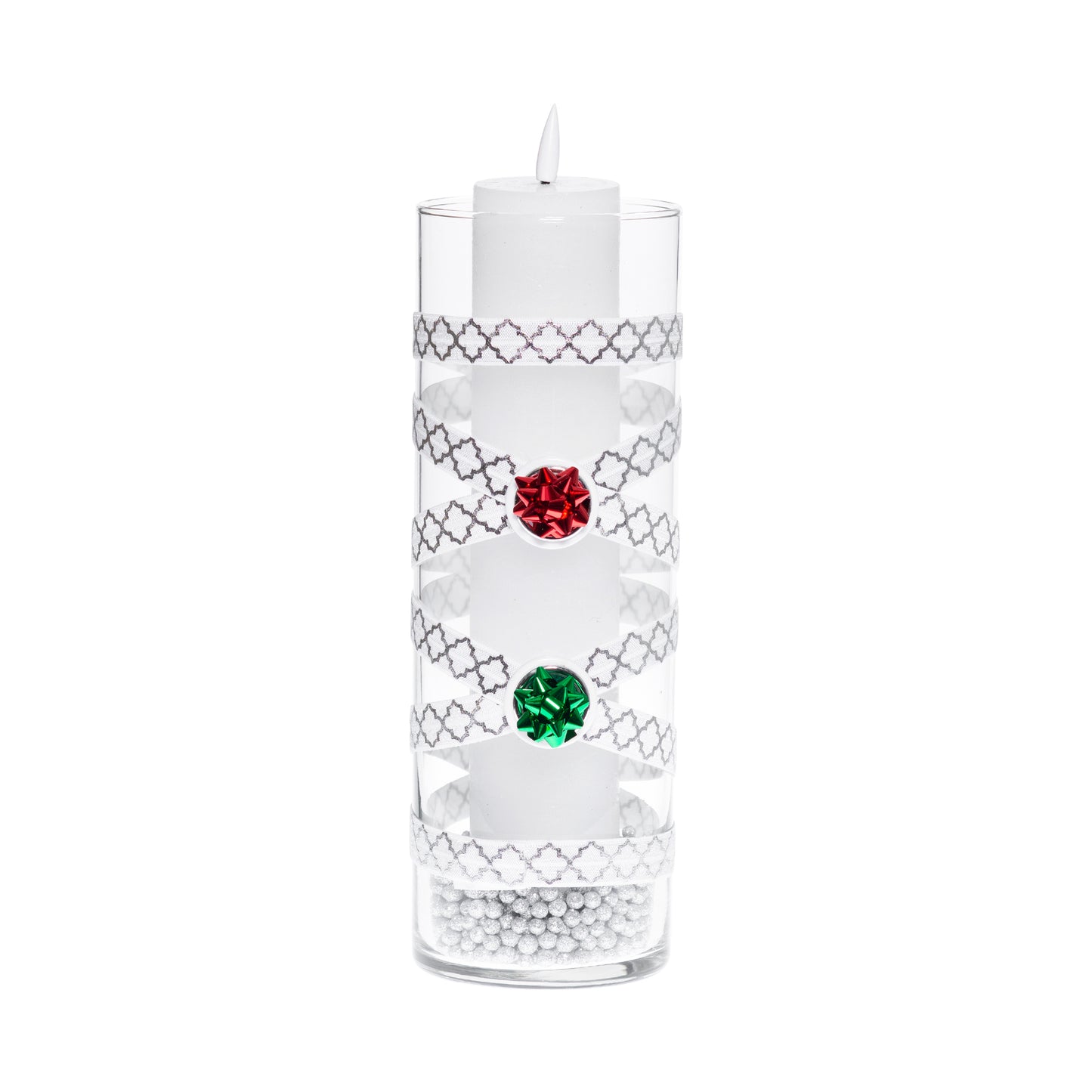 3.5" x 9.5" Vase White Silver Quatrefoil 5X 6 Red Green Shiny Bows Holiday Collection Complete Set FREE SHIPPING
