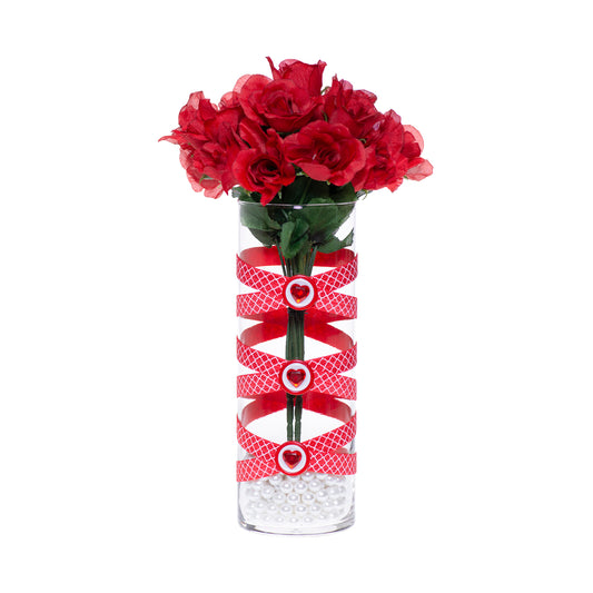 3.5" x 9.5" Vase Red White Quatrefoil 5X 5 Red Gem Hearts Valentine Love Complete Collection