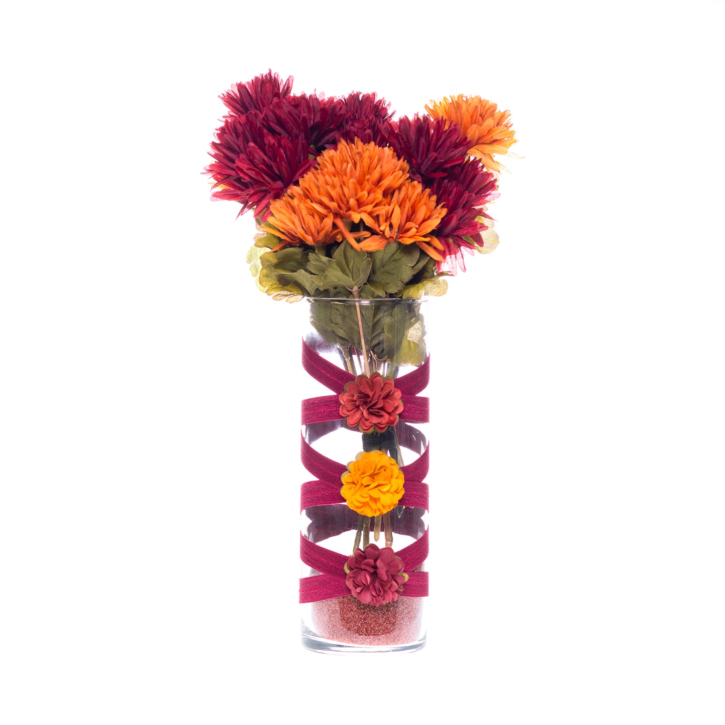 3.5" x 9.5" Vase Maroon 5X 6 Gold Rust Mums Autumn Fall-O-Ween Collection Complete Set