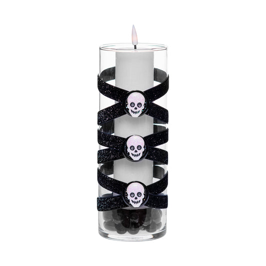 3.5" x 9.5" Vase Black Glitter 5X 6 Iridescent Skulls Halloween Fall-O-Ween Collection Complete Set