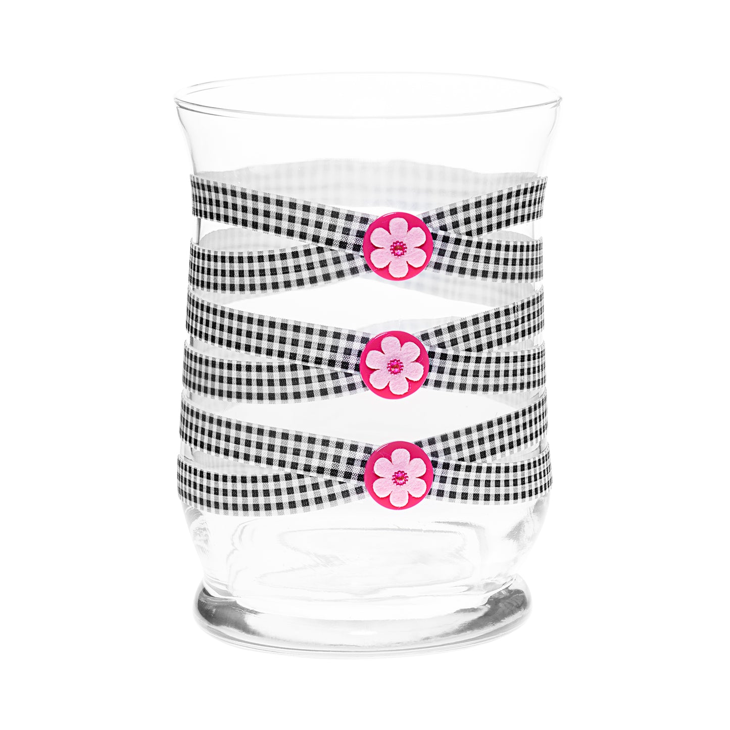 Front of Glass Wrappings 8" hurricane vase wrapped in black & white check elastic, decorated with 3 pink flowers.