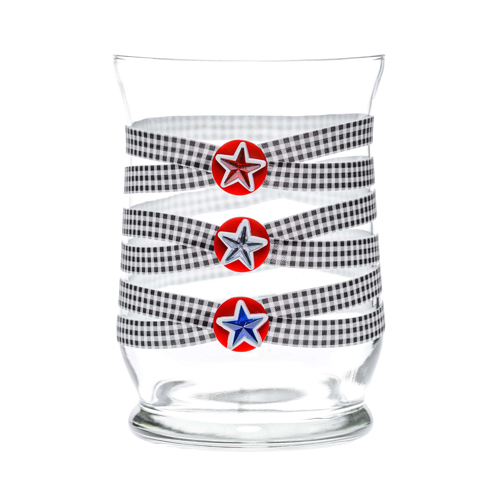 Front of Glass Wrappings 8" hurricane vase wrapped in black & white check elastic, decorated with 3 patriotic stars.