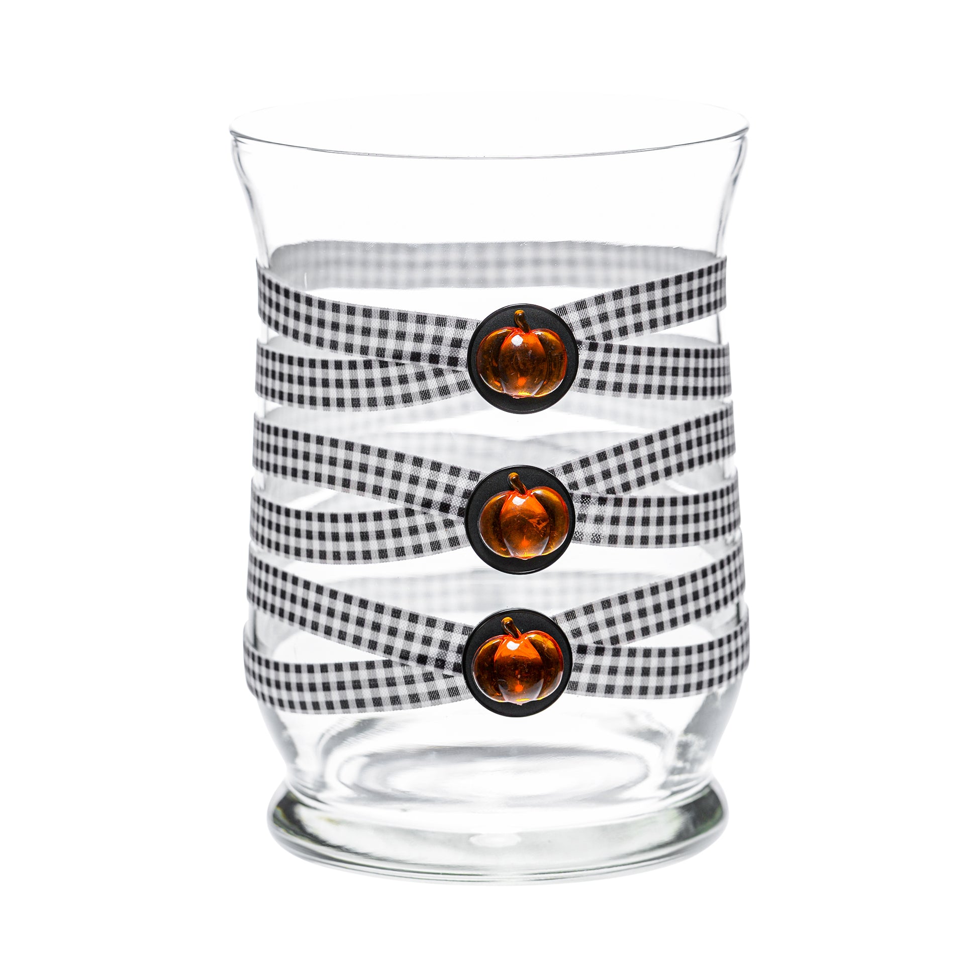 Front of Glass Wrappings 8" hurricane vase wrapped in black & white check elastic, decorated with 3 amber pumpkins.