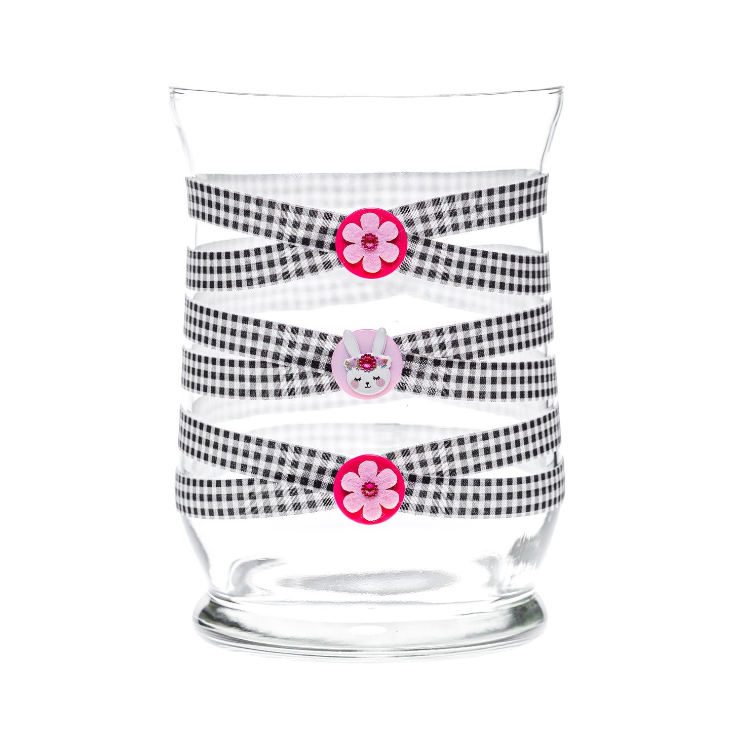 Front of Glass Wrappings 8" hurricane vase wrapped in black & white check elastic, decorated with 2 pink flowers and jeweled bunny.
